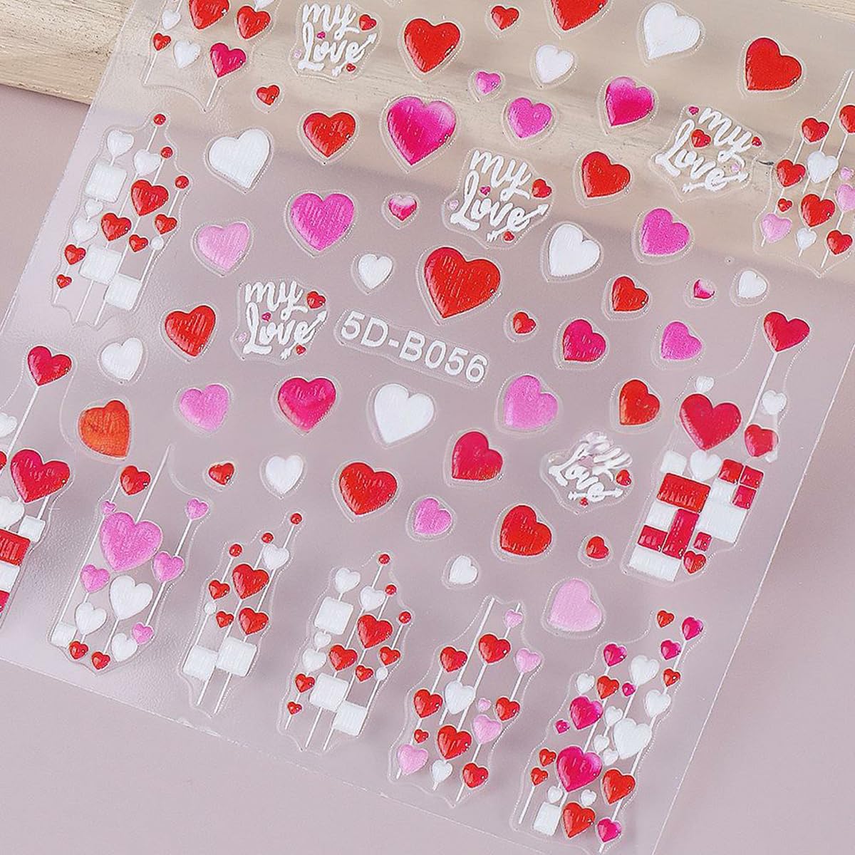 Valentine’s Day Nail Stickers for Nail Art, 5D Embossed Love Heart Nail Decals 2PCS Red White Pink Heart Envelope Rose Balloons Self-Adhesive Valentines Nails Design Manicure Accessories for Women
