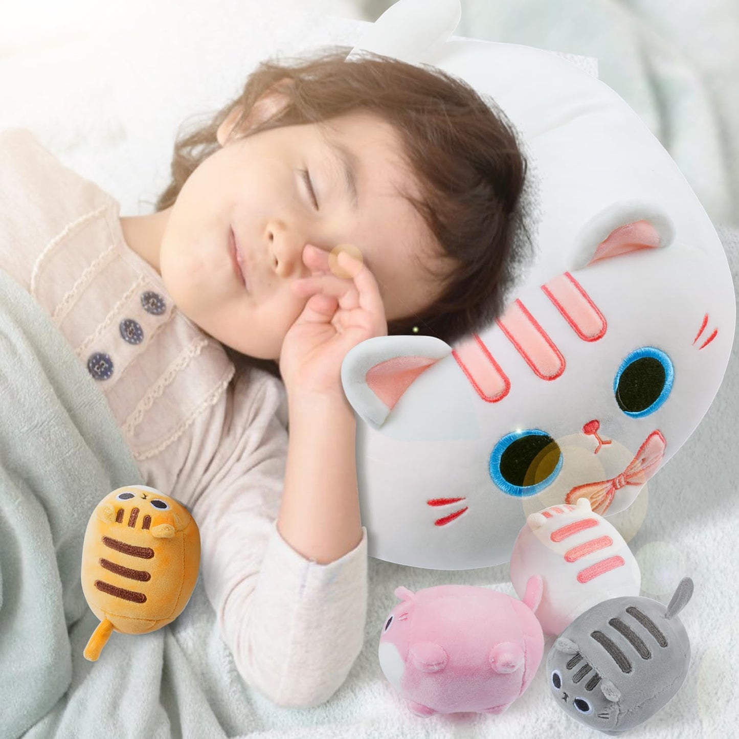 White Cat Plush, 5 PCS Cat Plush Stuffed Animal Family, 16" White Cat Mommy Plushie with 4 Baby Kittens Cat Plushies for Kids, Kawaii Cat Plush Toy Christmas Birthday Gifts for Kids Boys Girls