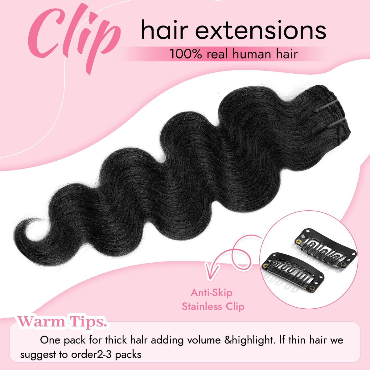 Tandulo Clip in Hair Extensions Real Human Hair Body Wave 1B Natural Black Clip in 100% Brazilian Remy Human Hair Extensions 8pcs Per Set with 18 Clips Double Weft 16 Inch 90g/3.6oz