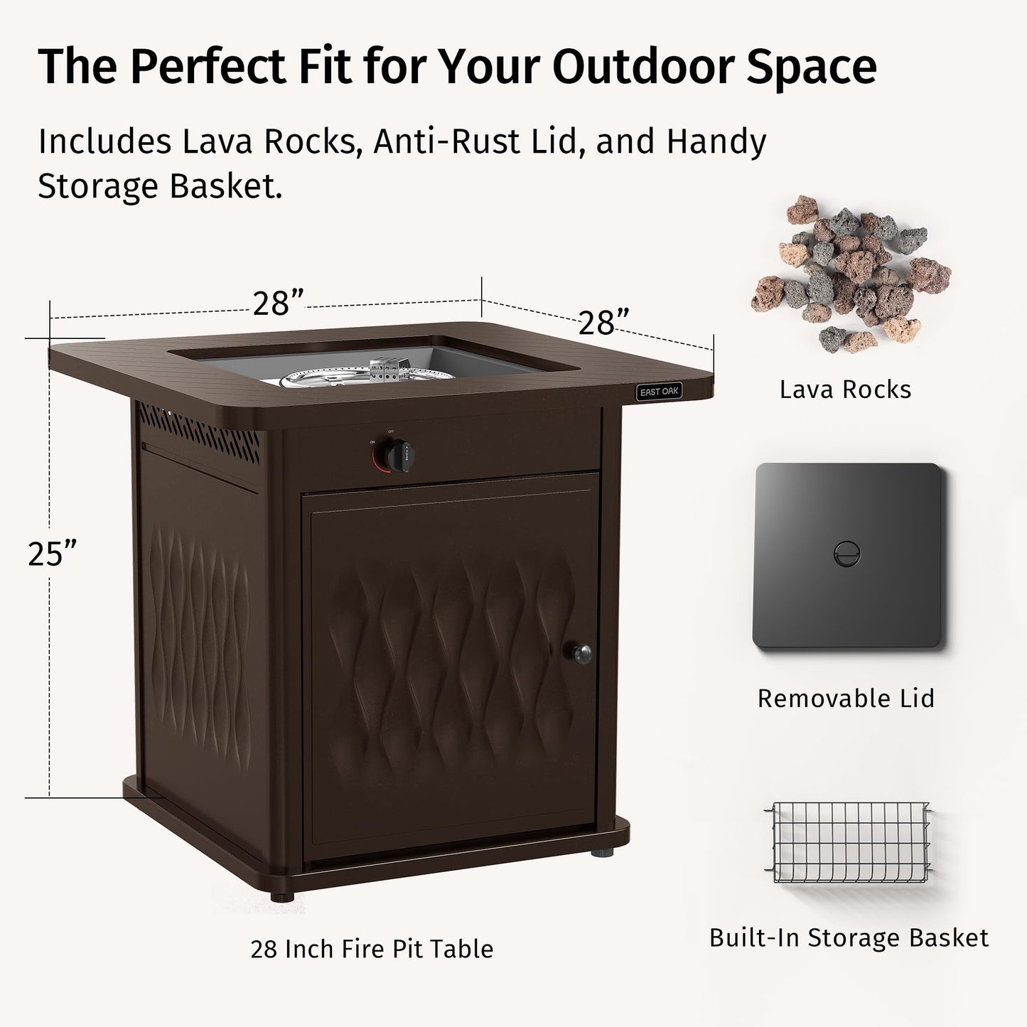 East Oak 28" Outdoor Propane Fire Pit Table | 50,000 BTU Gas Fire Pit Table for Outside with Magnetic Lid | Storage Basket & Lava Rocks | CSA Certified for Patio, Garden & Backyard | Brown