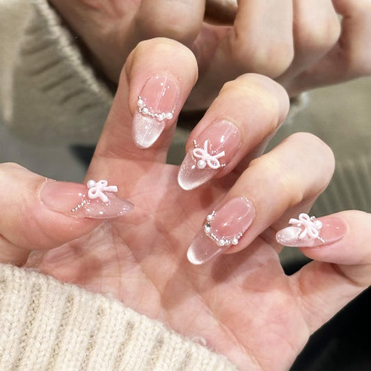 3D Bow Press on Nails Glossy White Glitter Fake Nail with Rhinestone Design Pearl Medium Almond False Nails French Tips Stick on Nail Pink Ombre Glue on Artificial Fingernails for Women Daily Wear