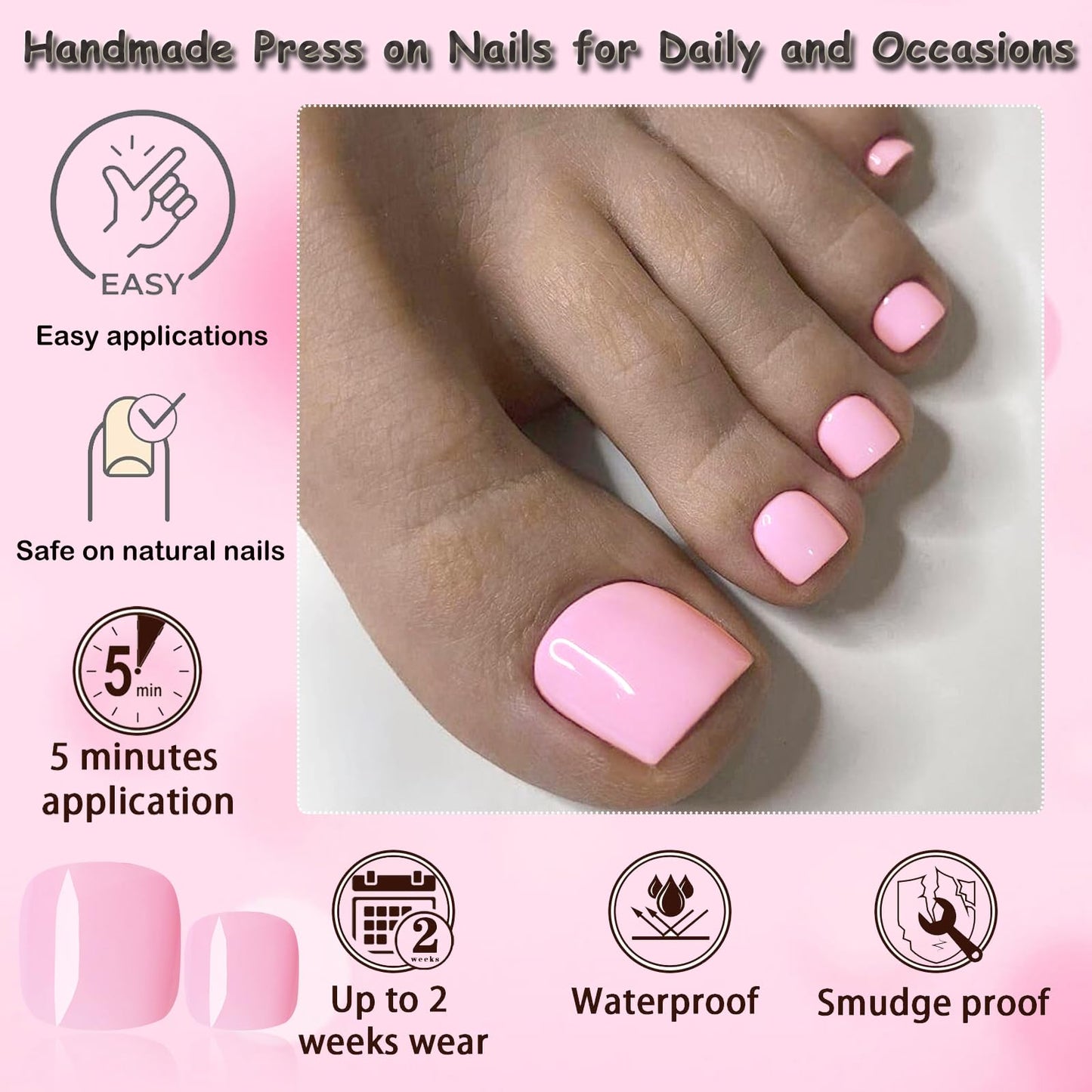 LoveOurHome 120pc Pink Press on Toenails Women Fake Toe Nails with Glue Tabs, Pink Fake Toenails Press on Toe Nails Glue on Toenail Acrylic Toes Nail Tips Artificial False Toenail for Women Girls