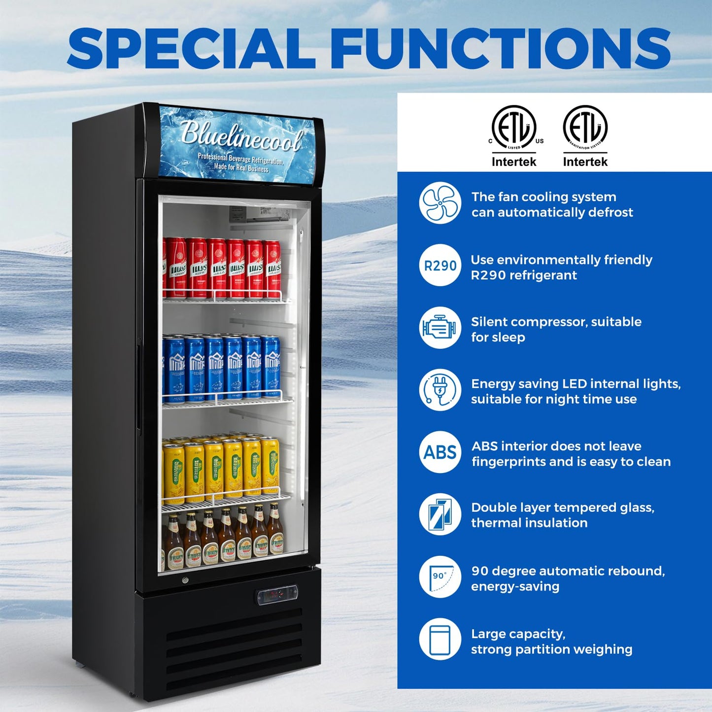 Bluelinecool Commercial Refrigerators 9 Cu.Ft Upright Merchandiser Drink Cooler – Glass Door Beverage Fridge with LED Light, Adjustable Shelves, Lock Wheels – Display Refrigerator for Beer, Bar, Shop