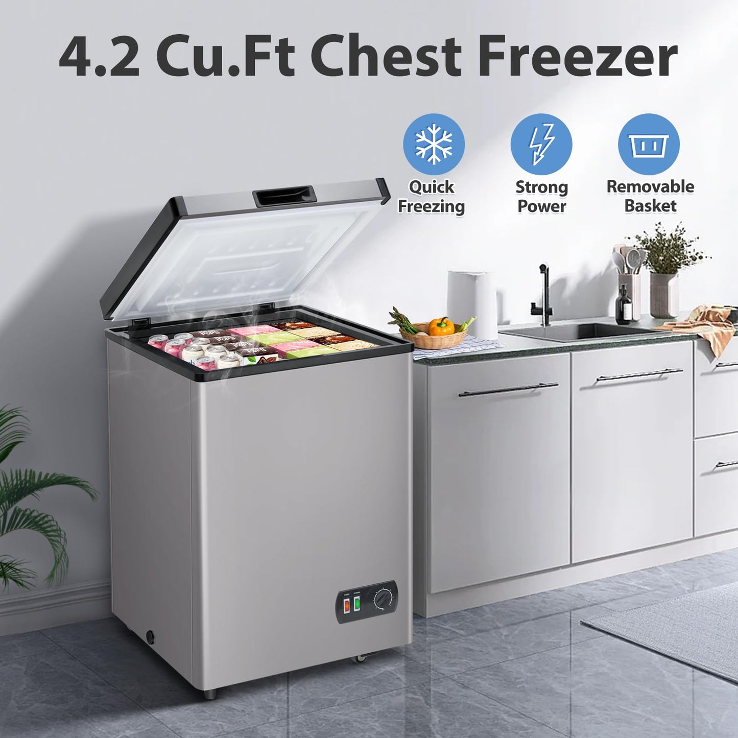 LifePlus Chest Freezer, 4.2 Cu Ft Small Deep Freezer With Fast Cooling & Convenient Pulley, Perfect for Kitchen Parlor, Garage，Apartment，Small Freezer With Low Noise & Energy Saving, Titanium Grey