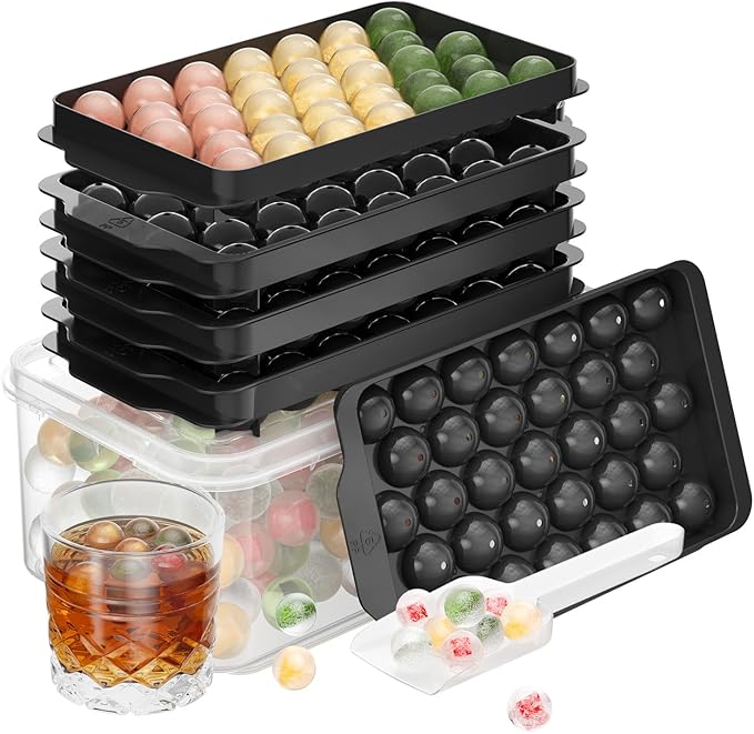 Ice Cube Tray with Lid and Bin, 3 Pack Ice Trays for Freezer, 99 Pcs Round Ice Cube Mold, Ices Maker Bucket with Scoop for Cocktail, Coffee, Rv Accessories, Easy to Release (1 inch, Black)