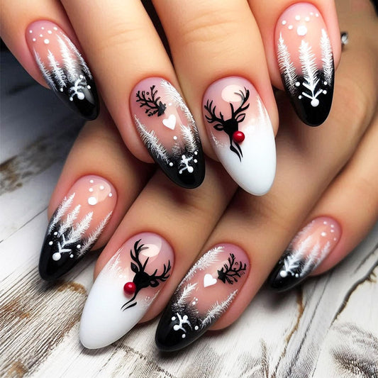 Christmas Press on Nails Cute Reindeer Medium Almond False Nails Xmas Tree Stick on Fingernails Glossy Black French Tips Acrylic Fake Nail 24Pcs Snow Gel Glue on Nail for Women Xmas Gift