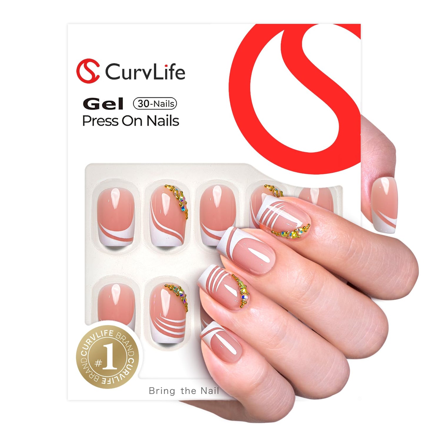 Curvlife Press on Nails Short Square Acrylic Fake Nails with French White Rhinestones Apricot Design Glossy Nude Glue on Nails Artificial Stick on Nails for Women