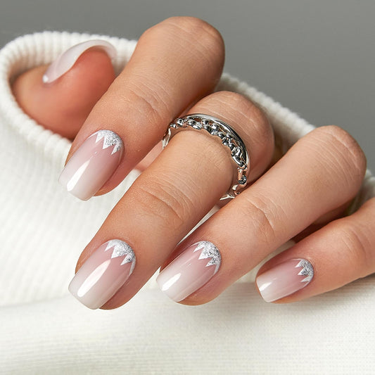CurvLife Press on Nails Short Square Acrylic Fake Nails with Apricot Design Full Cover False Nails Glossy Nude Glue on Nails Artificial Stick on Nails for Women (Crystal Bloom Light)