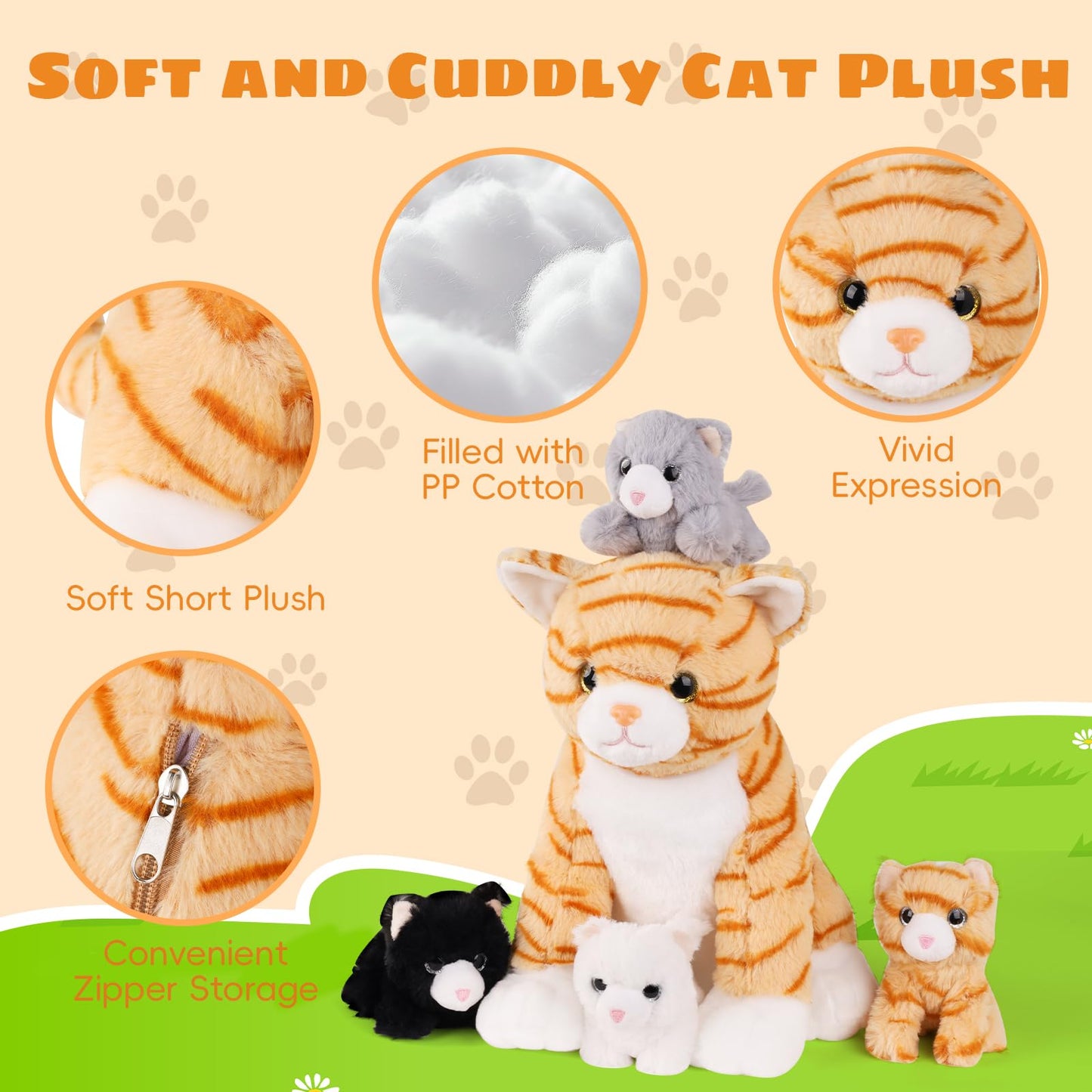 5 PCS Cat Stuffed Animal with Babies Inside Belly, 1 Mommy Stuffed Orange Tabby Cat Toy with 4 Plush Kittens, Stuffed Kitty Plushies for Kids Boys Girls Christmas Birthday Gift