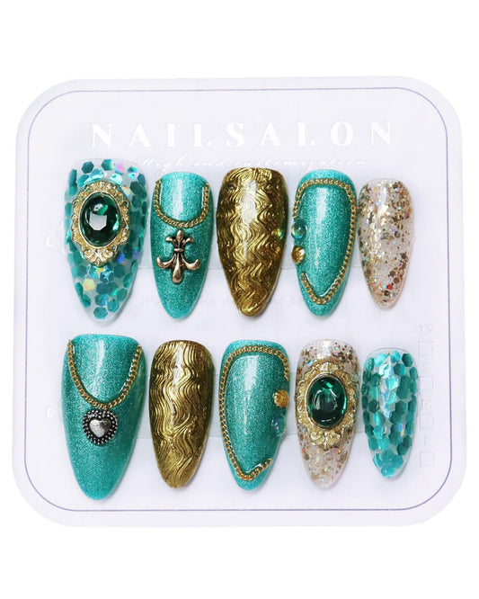 CAMILCY Press on Nails Handmade Nails Luxury Reusable Fake Nails For Girls Short Almond armor Golden Green Diamonds HandPainted Salon Loveful Design Acrylic GelUV Finished 3D Nails 10PCS(A014, M)