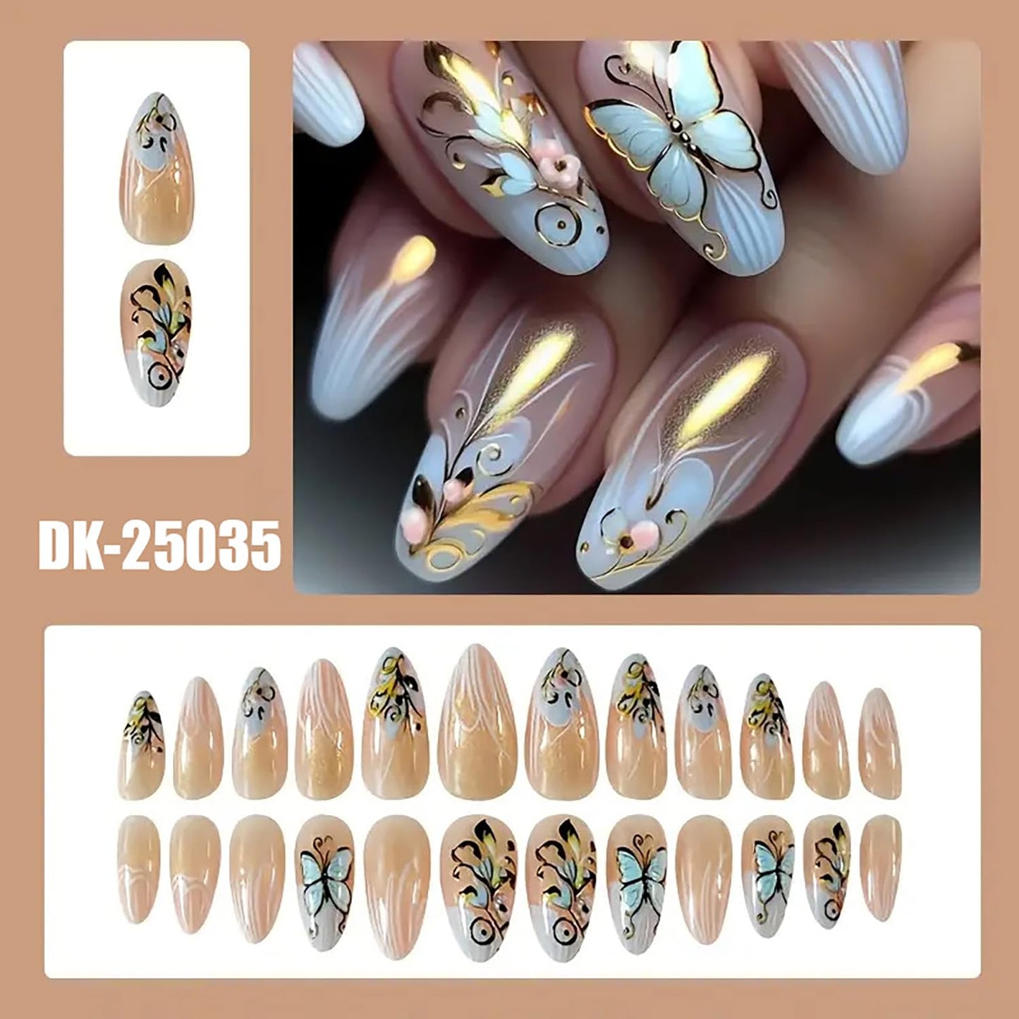 Butterfly Press on Nails Medium Almond Shaped Gold Glitter Powder Acrylic Flse Nail Full Cover Glossy French Tip Almond Artificial Stick on Nail 24Pcs Reusable Press Ons Glue on Nails for Women