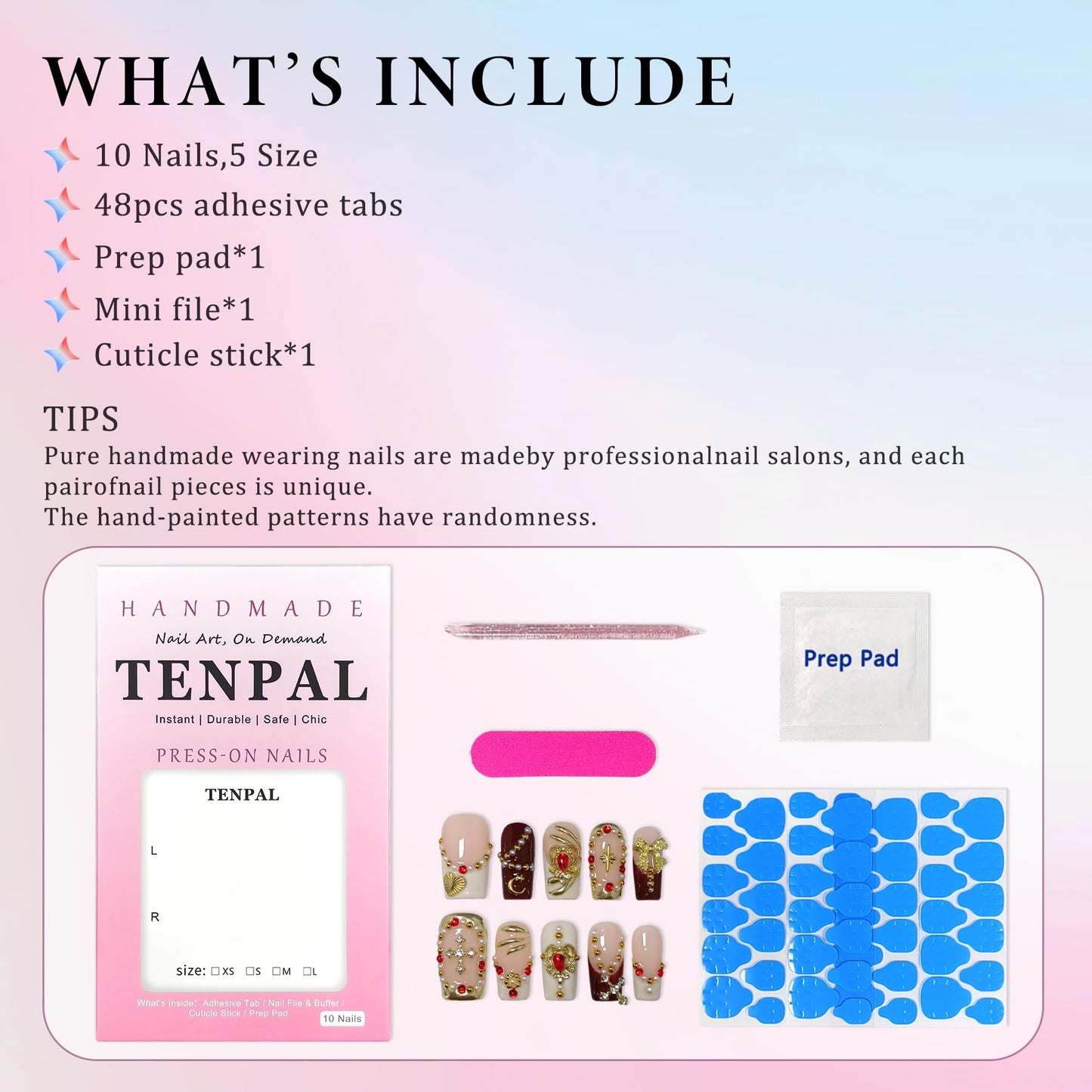 TENPAL Royal Baroque Style Handmade Press on Nails Medium Long- Wine Red & Gold French with 3D Cross Heart Pearl Designs | Regal Y2K Fake Nails with Tools for Women Girls(S)
