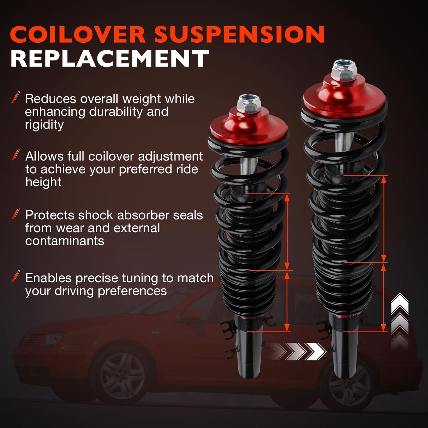Front & Rear Coilover Suspension Kit, Height Adjustable Shocks & Struts Replacement for 1998-2005 Volkswagen Golf Mk4 Coilover 2WD Only A4 – Complete Coilovers Assembly(Red)