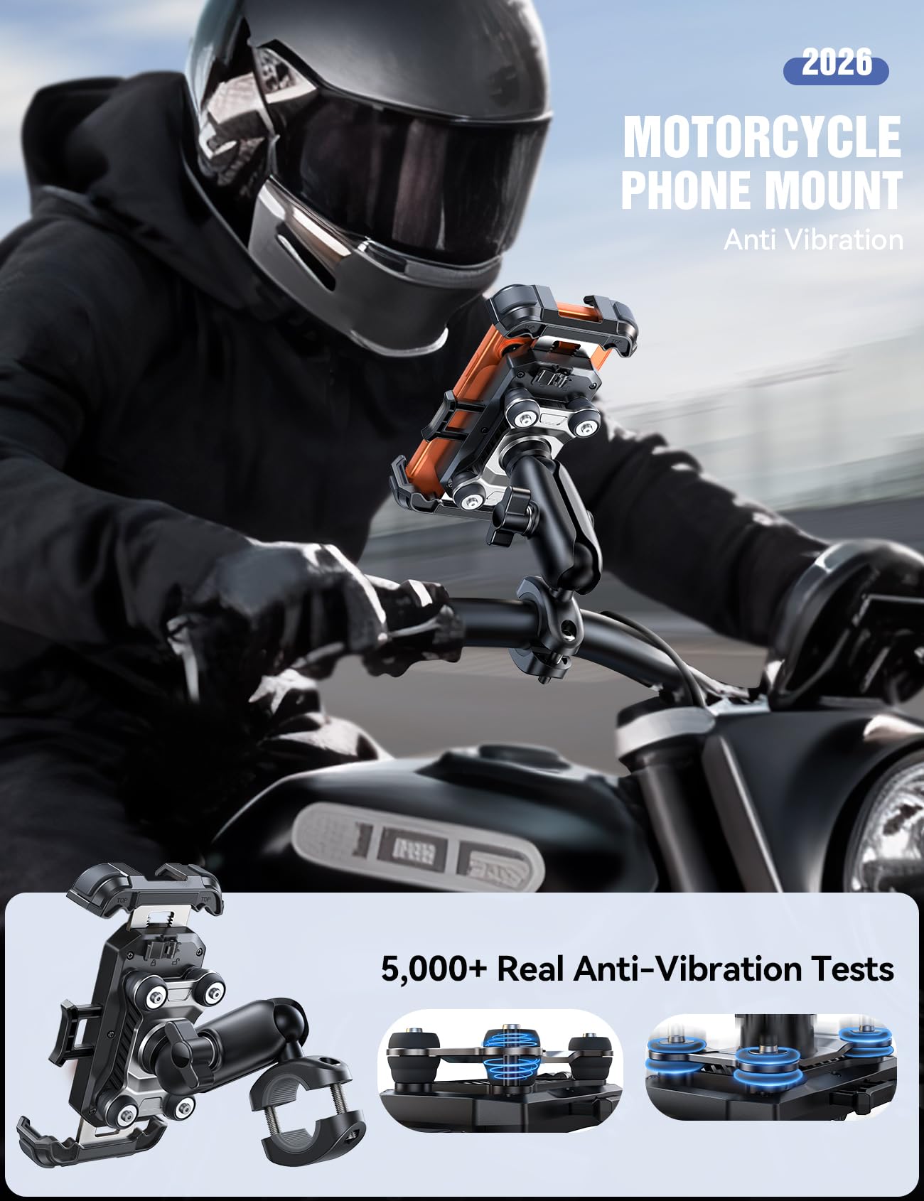 JOYROOM Motorcycle Phone Mount Holder - [Dual Vibration Dampener]150mph Anti-Shock Phone Holder for Motorcycle [Metal Extension Handlebar Clamp] Bicycle Bike Phone Holder Mount for 4.7-7" Cell Phones