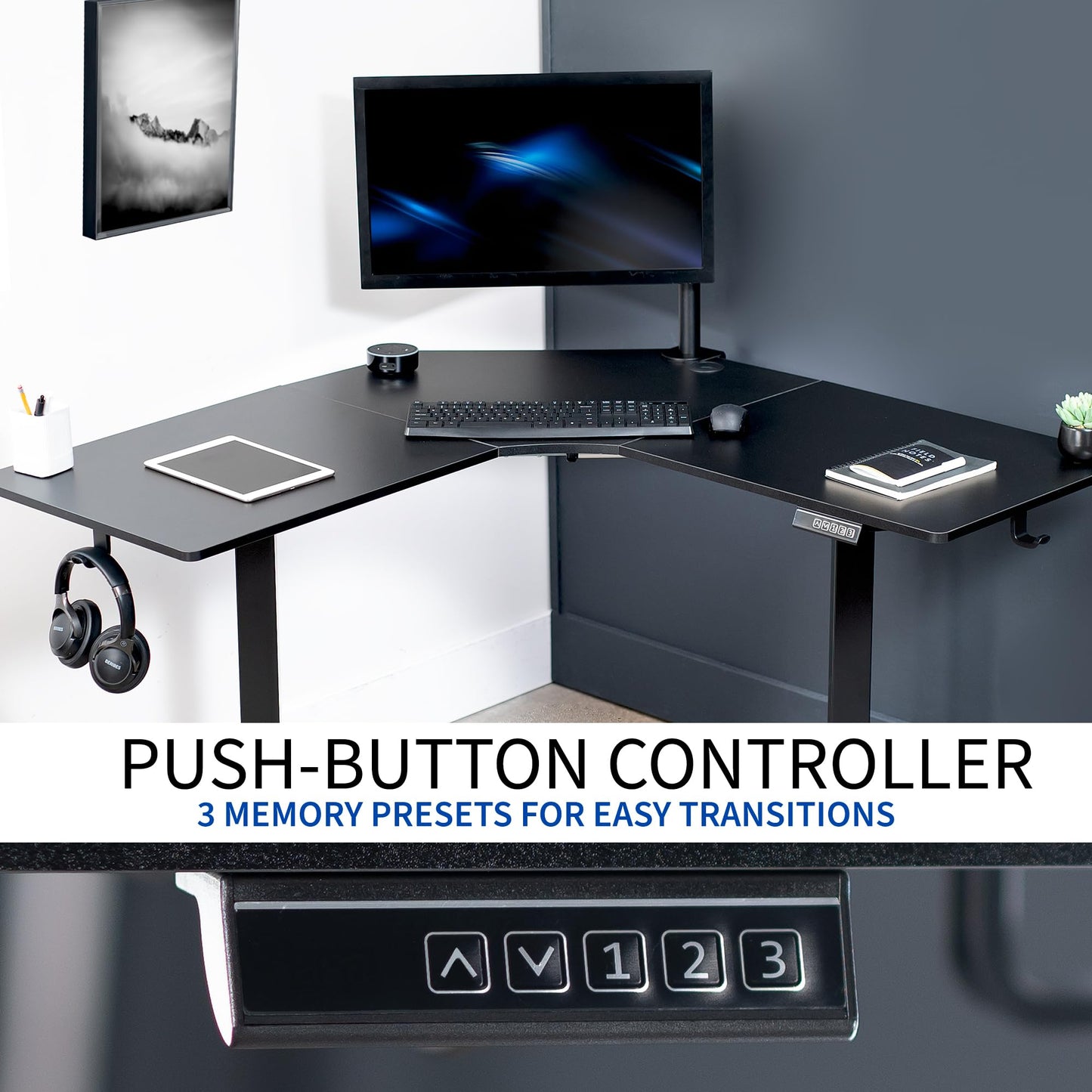 VIVO Electric Corner L-Shaped 47 x 47 in Standing Desk, Memory Height Adjustment, Black Top Black Frame, DESK-E1L94B