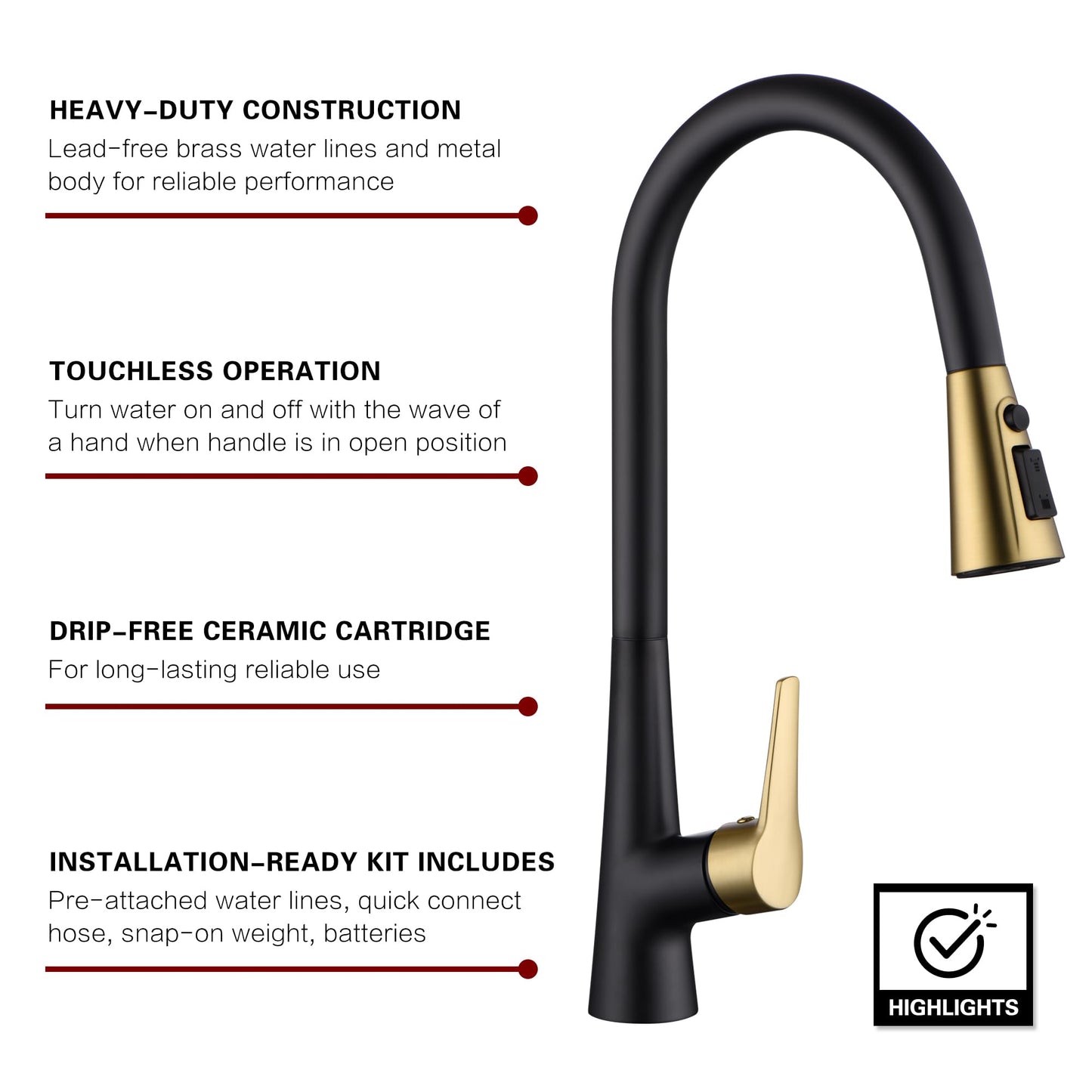 sumerain Hands-Free Touchless Kitchen Sink Faucet Single Handle Black and Gold Motion Sensor Pull Down Kitchen Faucet