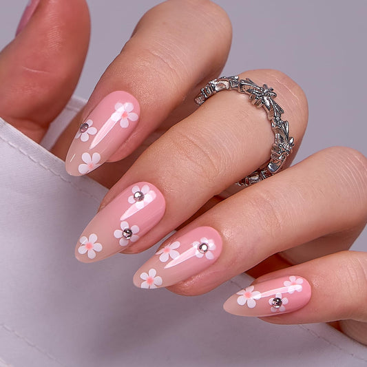 CurvLife Soft Gel Almond Press On Nails, Long-Lasting Reusable Fake Nails Kit with Glue & Tabs, 30pcs Salon-Quality Stick On Nails for Women At-Home Manicure (Soft Daisy)
