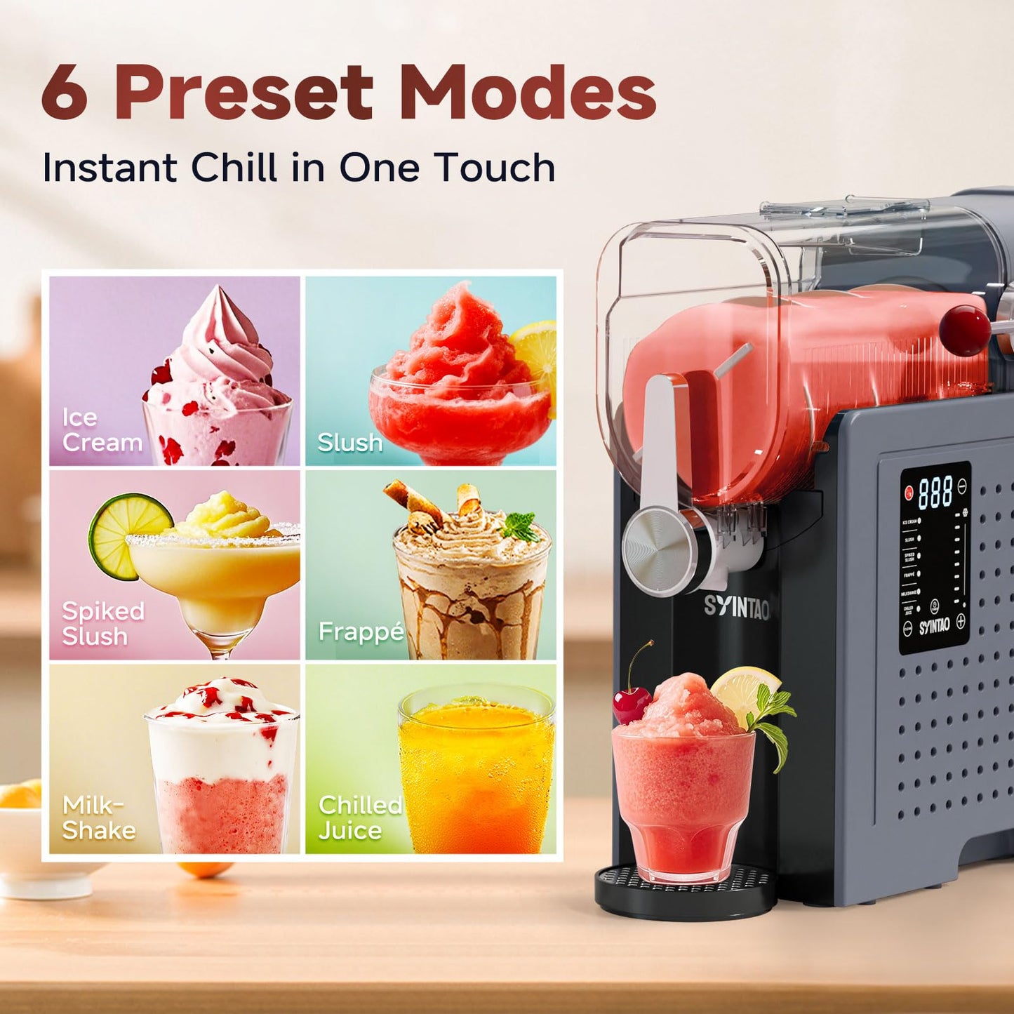 SYINTAO Slushie Machine for Home, Soft Serve Ice Cream Machine, 88oz Vessel Slushy Machine with 6 Preset Programs, Frozen Drink Maker for Slush, Margaritas, Smoothie, Frappés, and More (CoolGray)