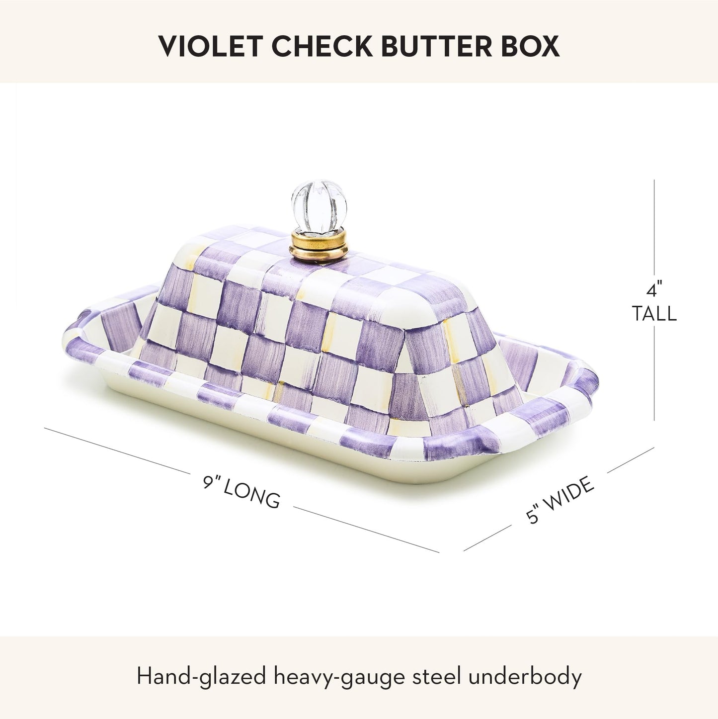 MACKENZIE-CHILDS Enamel Butter Box, Cute Enamel Butter Dish, Purple-and-White Violet Check