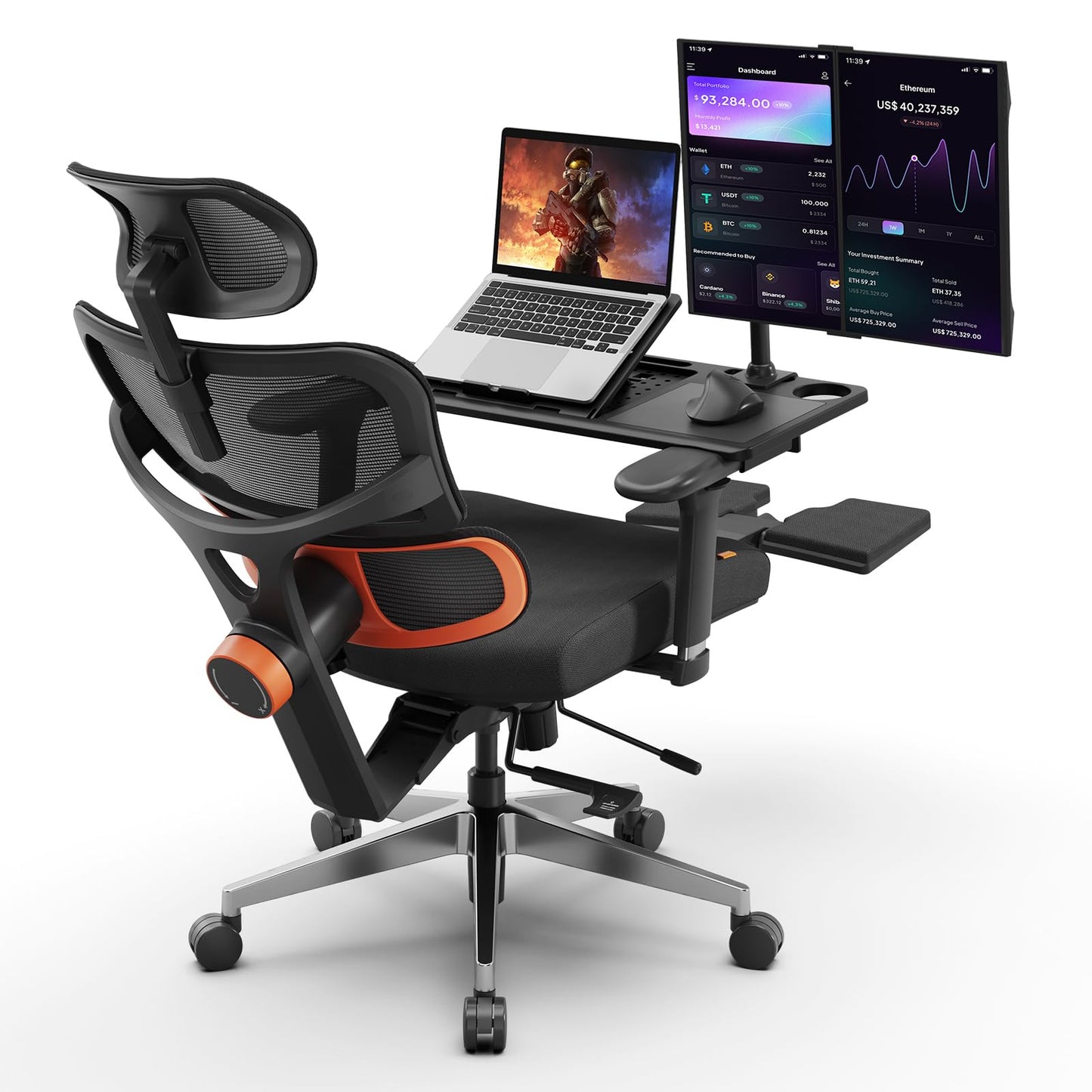 Newtral Office Chair Ergonomic - Home Office Desk Chair, Big and Tall Office Chair, Auto-Following Lumbar Support for Back Pain, Adjustable Seat Depth and Height (with Footrest + Laptop Tray, Black)