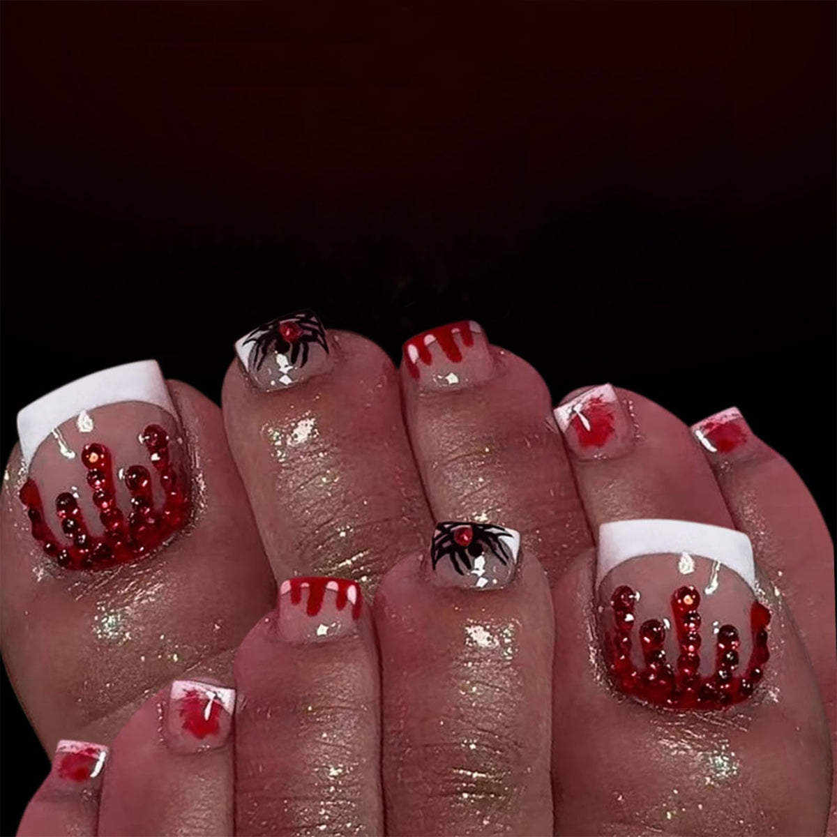 24Pcs Halloween French Press on Toenails Short Square Fake Toe Nails Spider Web Blood Drop with Red Diamond Glossy Horror Spider Acrylic Stick on Toenails for Women Girls Decoration
