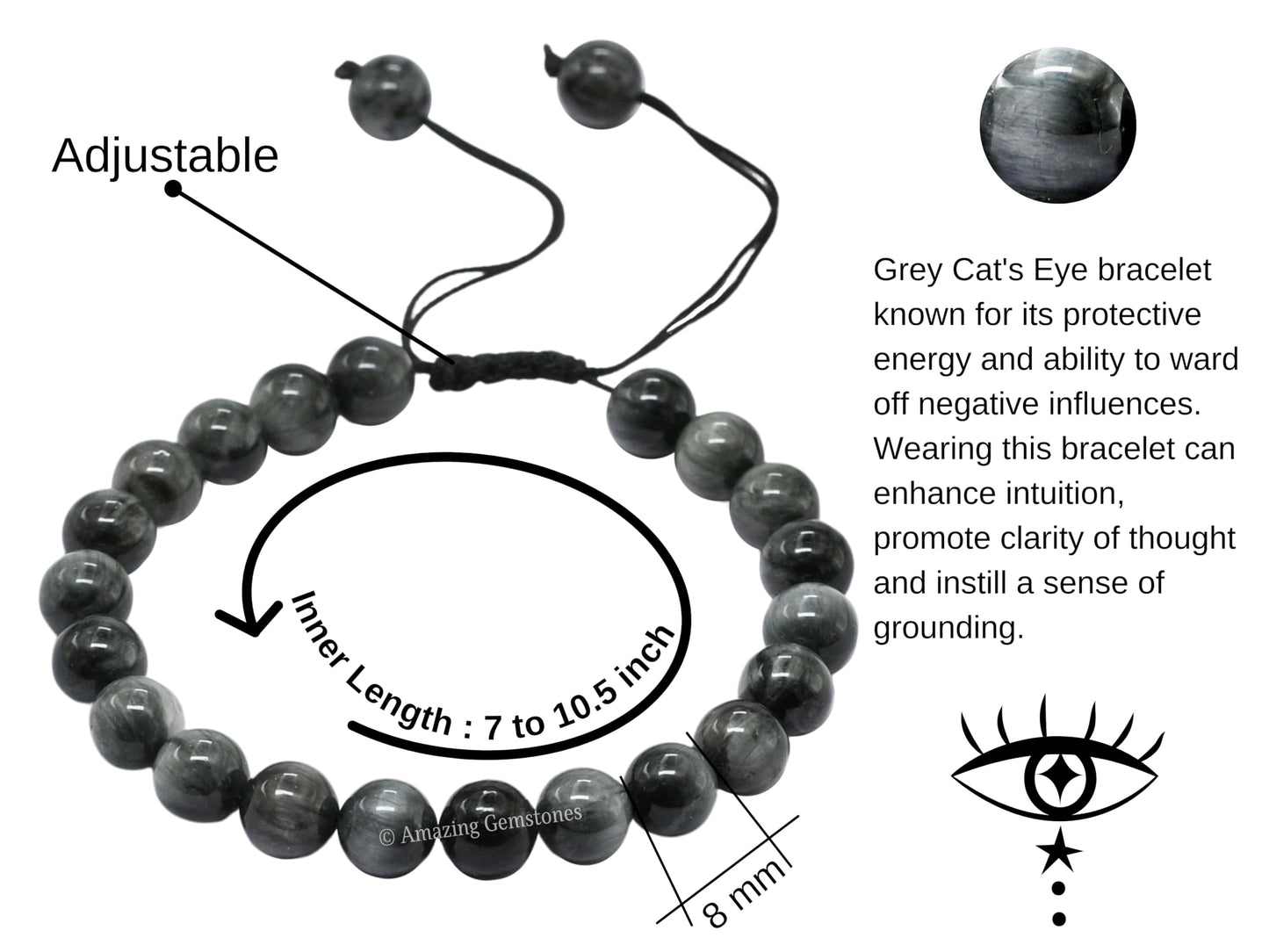 Amazing Gemstone Grey Cats Eye Bracelet, Gifts For Men & Women - Protection Healing Crystal Bracelet - 8mm Gemstone Beaded Adjustable Bracelet, Pulseras Para Hombres Mujer Stocking Stuffers