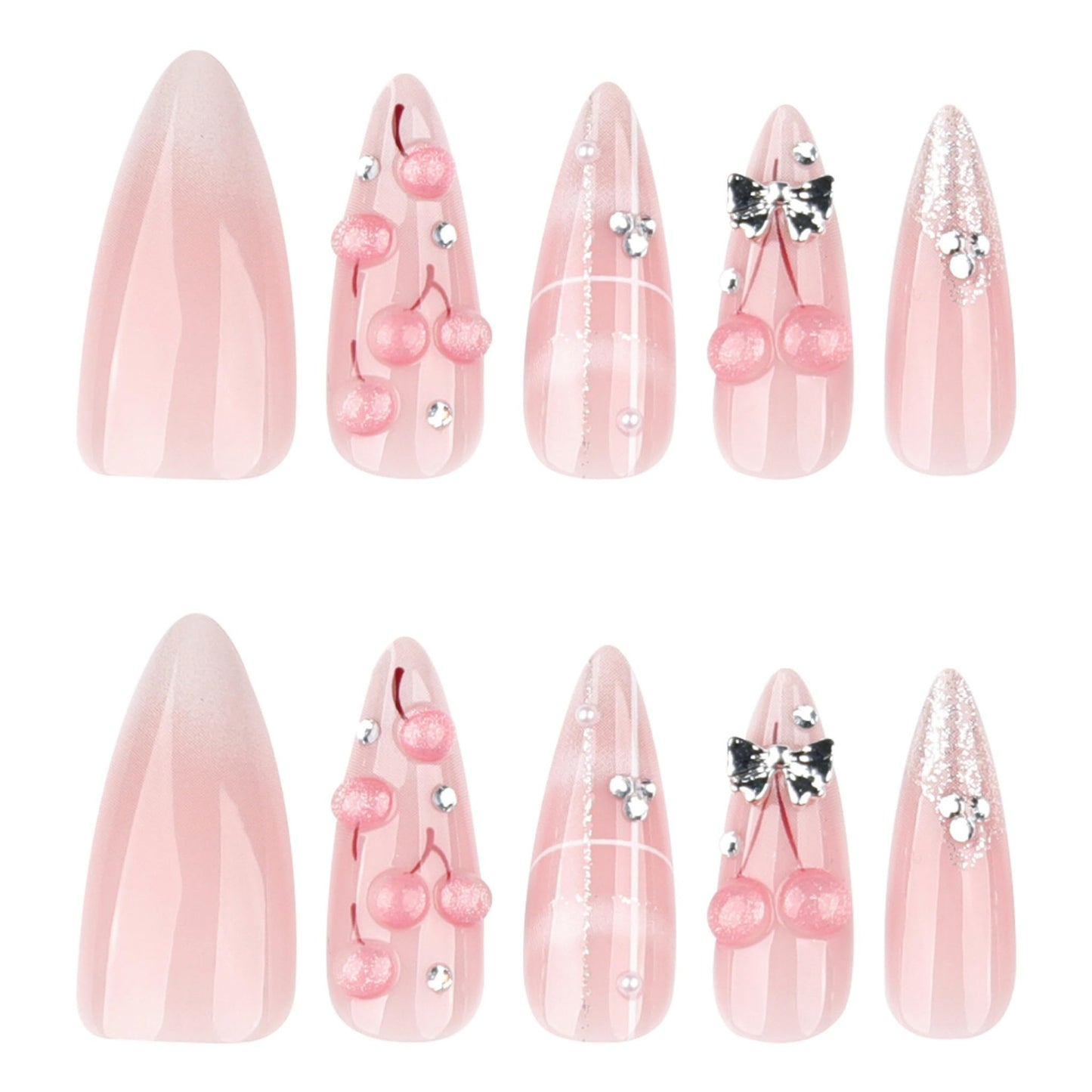 Long Press on Nails Almond Fake Nails Nude Pink Artificial Nail with 3D Cherry Silver Bow Rhinestone Design Stick on Nail for Women 24pcs