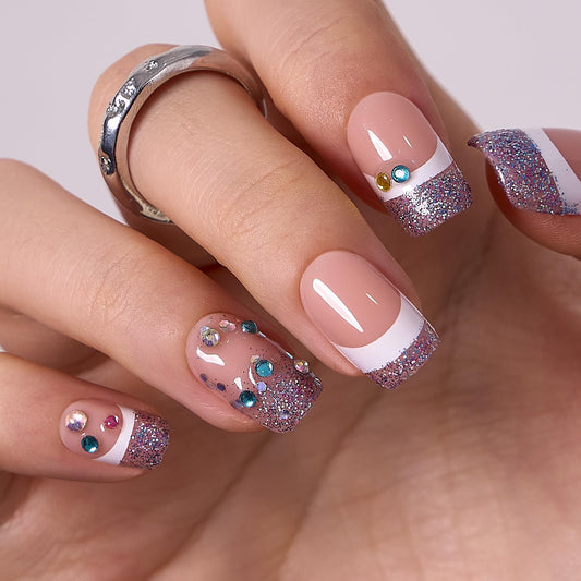 CurvLife Press On Nails Kit - Full Cover False Nail Tips with Trendy Designs, Reusable & Glue Included - Easy Application Nail Accessories for Women (rhinestone, Medium)