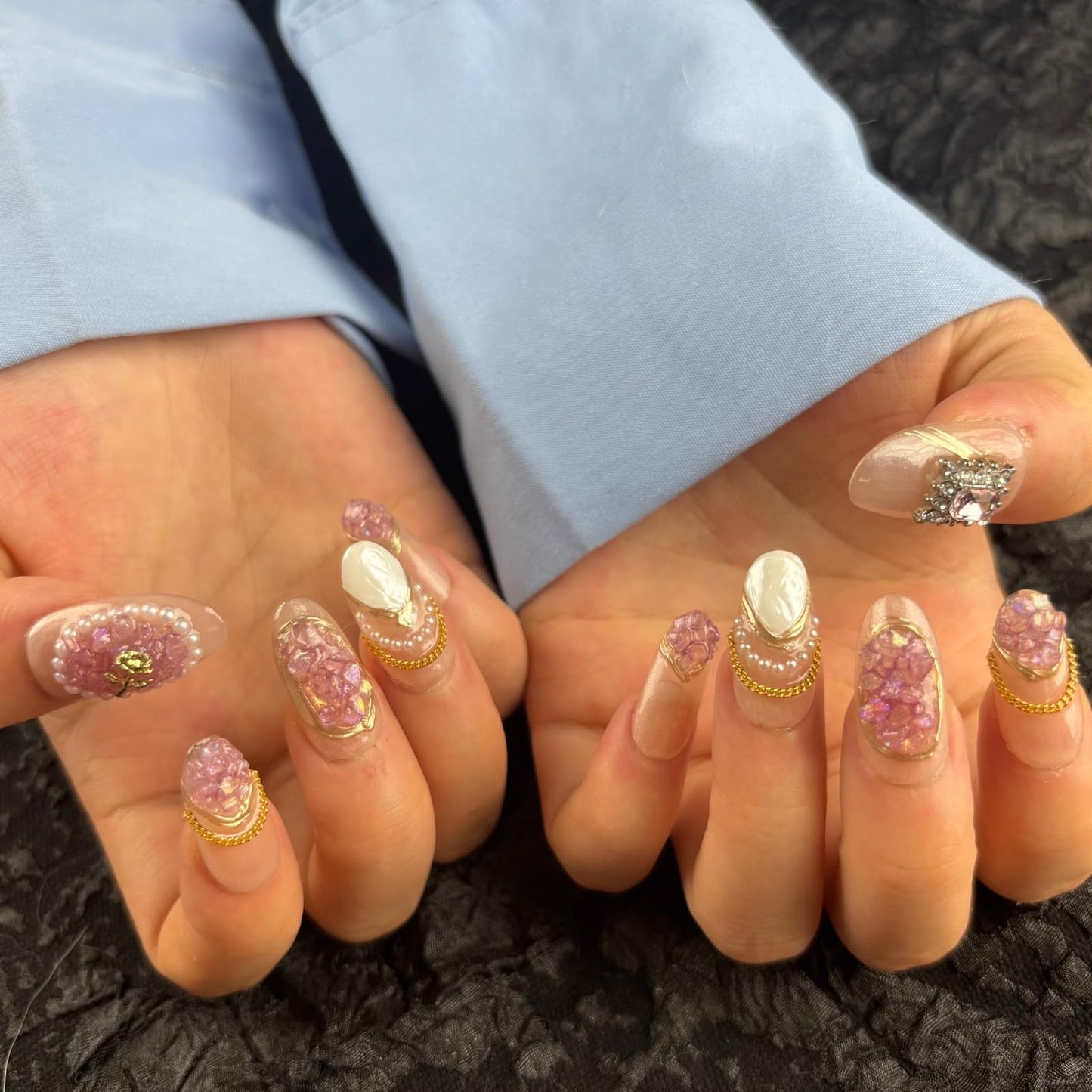 AKA Unicorn Handmade Press On Nails Medium Oval,Gold Chain&Pearl French Nail Tip,10Pcs Acrylic Fake Nails with Charm Design,Glue On Nail with 3D Rhinestone Stick On Woman Fingernails