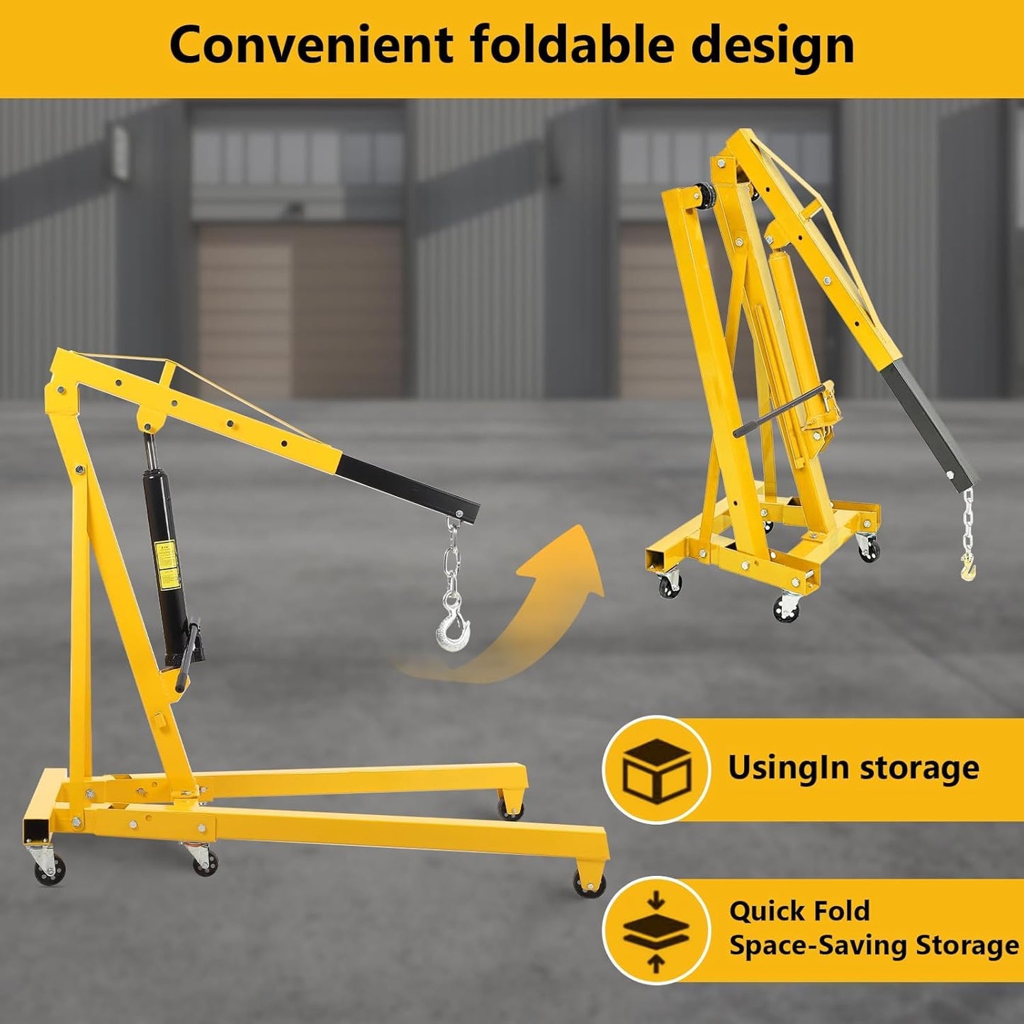 Towallmark 2 Ton Engine Hoist, Folding Cherry Picker Engine Hoist with Lever and 6 Casters, Heavy Duty Hydraulic Shop Crane, Engine Crane Lifter for Garage Workshop, Yellow