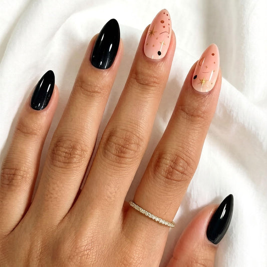 24Pcs Dark Blue Press on Nails Medium Almond, Gold Star and Moon Designs, Glossy Full Cover Fake Nails, Reusable Glue on Nails with Acrylic Effect,Nude Nails Press ons for Women