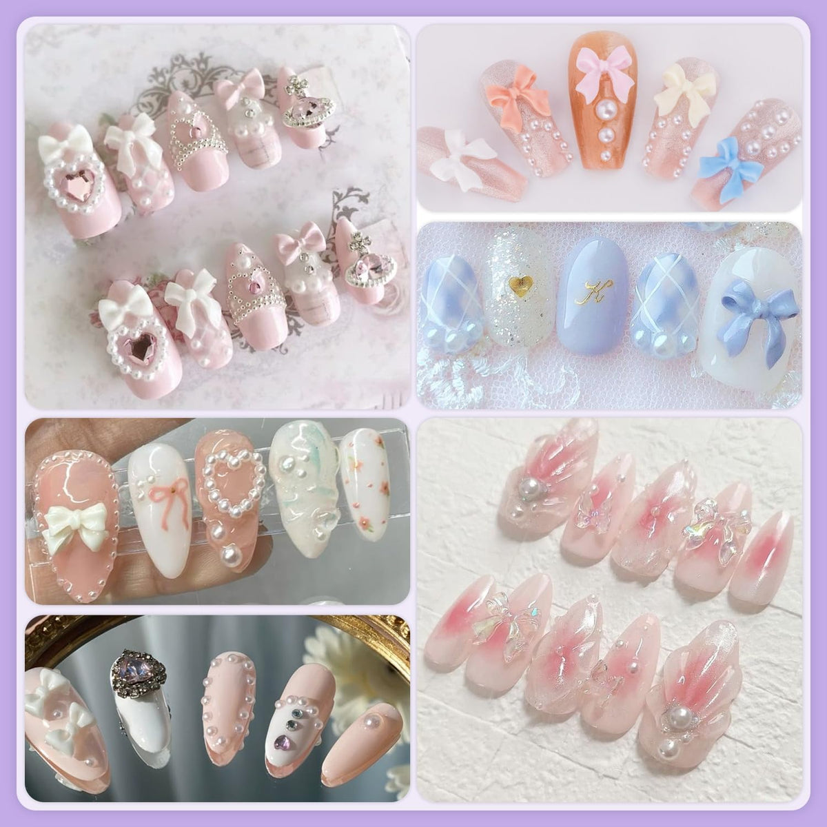 120 Pcs 3D Nail Bow Charms + 2-4mm Nail Pearls Set 9, Pink White Lilac Bow Nail Charms and White Flatback Pearls with Nail Charm Glue Gel(UV Needed) and Pickup Tools for Nail Art Decoration