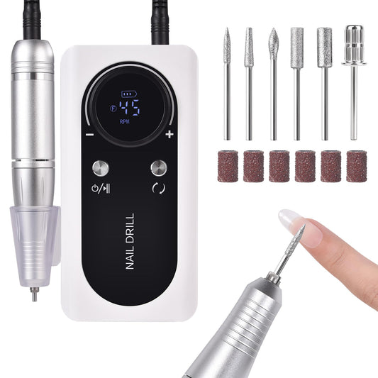 siyuwuro Electric Nail Drill Machine 45000RPM Professional Cordless Rechargeable Portable Nail File Removing Polishing Acrylic Gel Nails with 6 Drill Bits & Sanding Bands, for Nail Salon Home, White