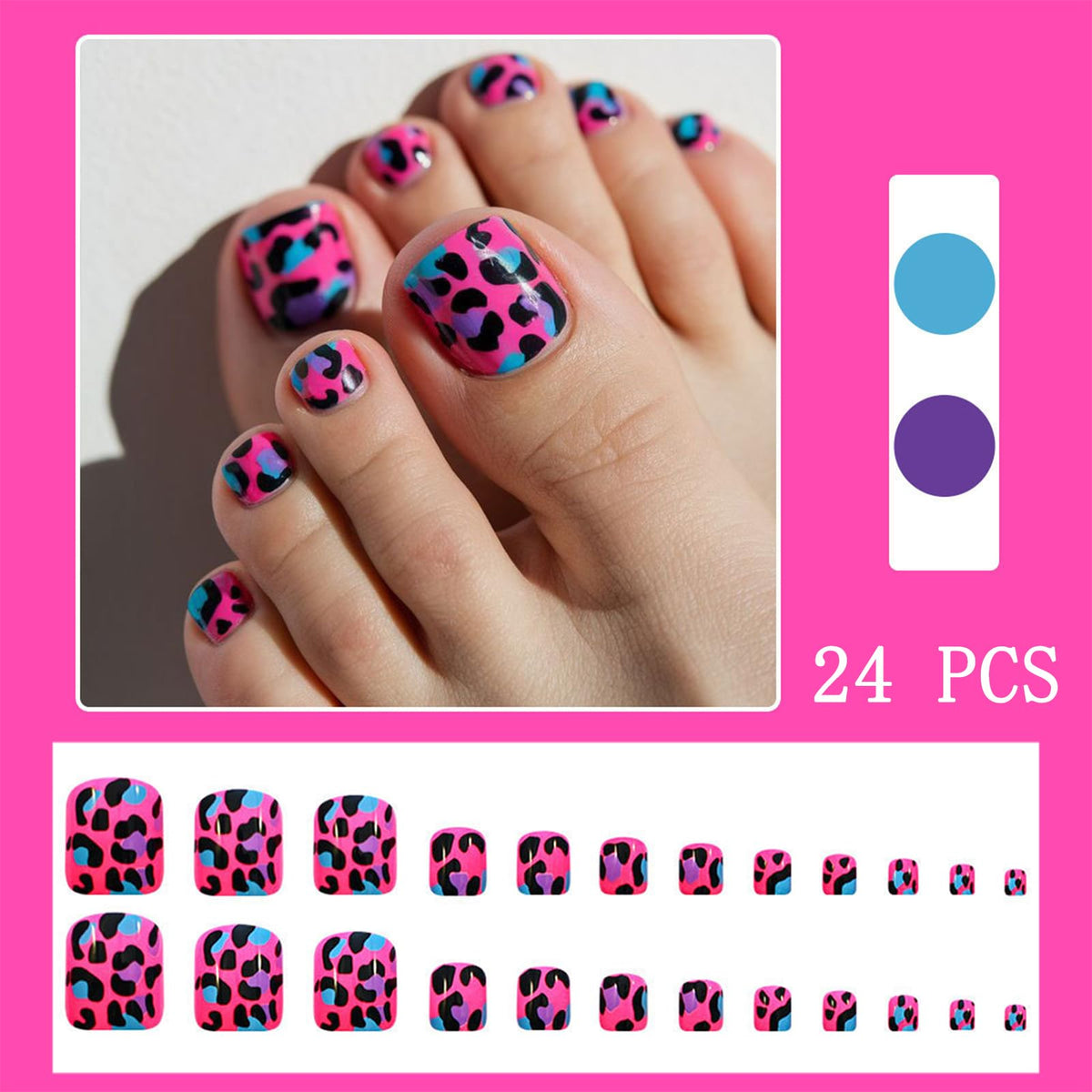 Leopard Print Press on Toenails Short Square Fake Toe Nails with Pink Spotted Leopard Designs Glossy Acrylic Artificial Full Cover False Stick on Toenails for Women Decoration 24Pcs