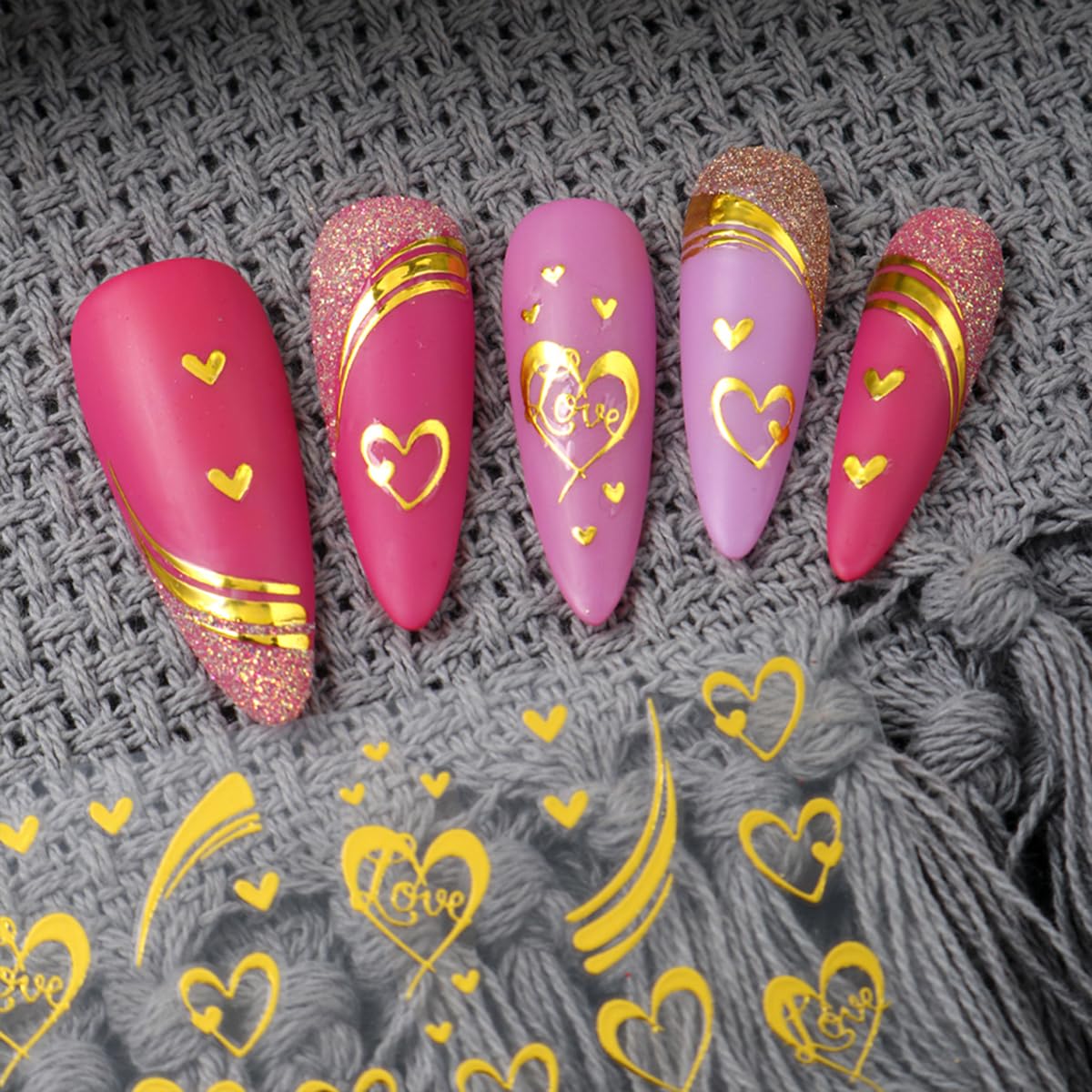 Valentine’s Day Nail Art Stickers Decals Golden Love Heart Nail Decals Nail Art Supplies 4PCS 3D Self-Adhesive Empty Heart Love French Stripe Valentines Nails Design Manicure Sliders for Women Girls