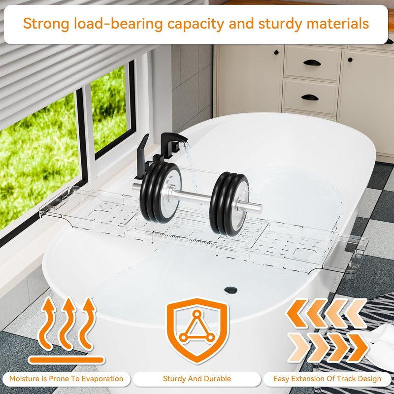 Yieach Luxury Clear Bathtub Shelf Across Tub,Expandable Plastic Bathtub Tray Over The Tub Bath Caddy,Free Standing Bath Table Board & Accessories for Women Relaxing with Reading Book and Ipad Holder