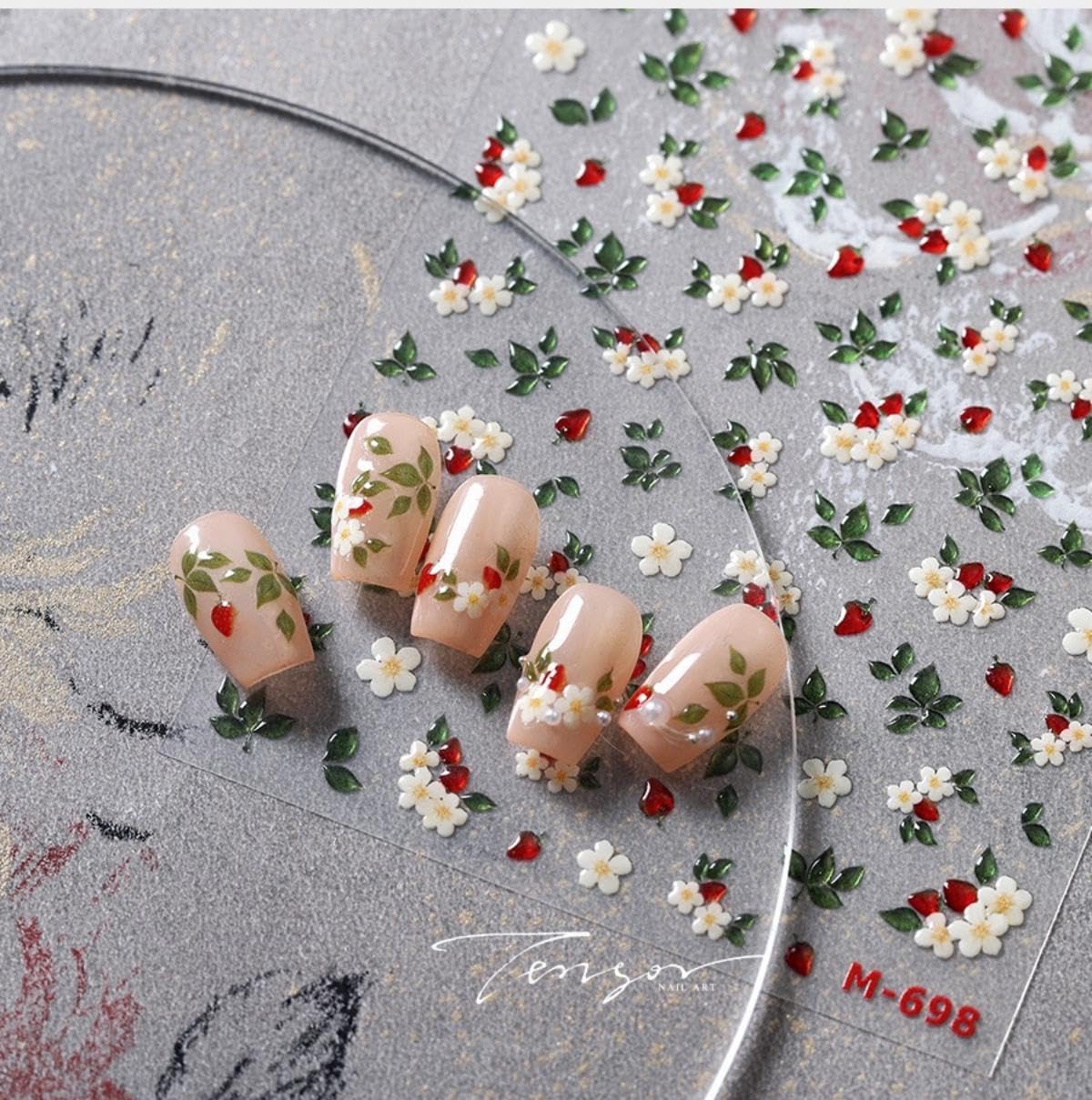 5D Embossed Flower Nail Art Stickers Green Leaf Nail Stickers with Red Pepper Self-Adhesive Flower Nail Decals for Women Girls Spring Summer Manicure DIY Nail Supplies