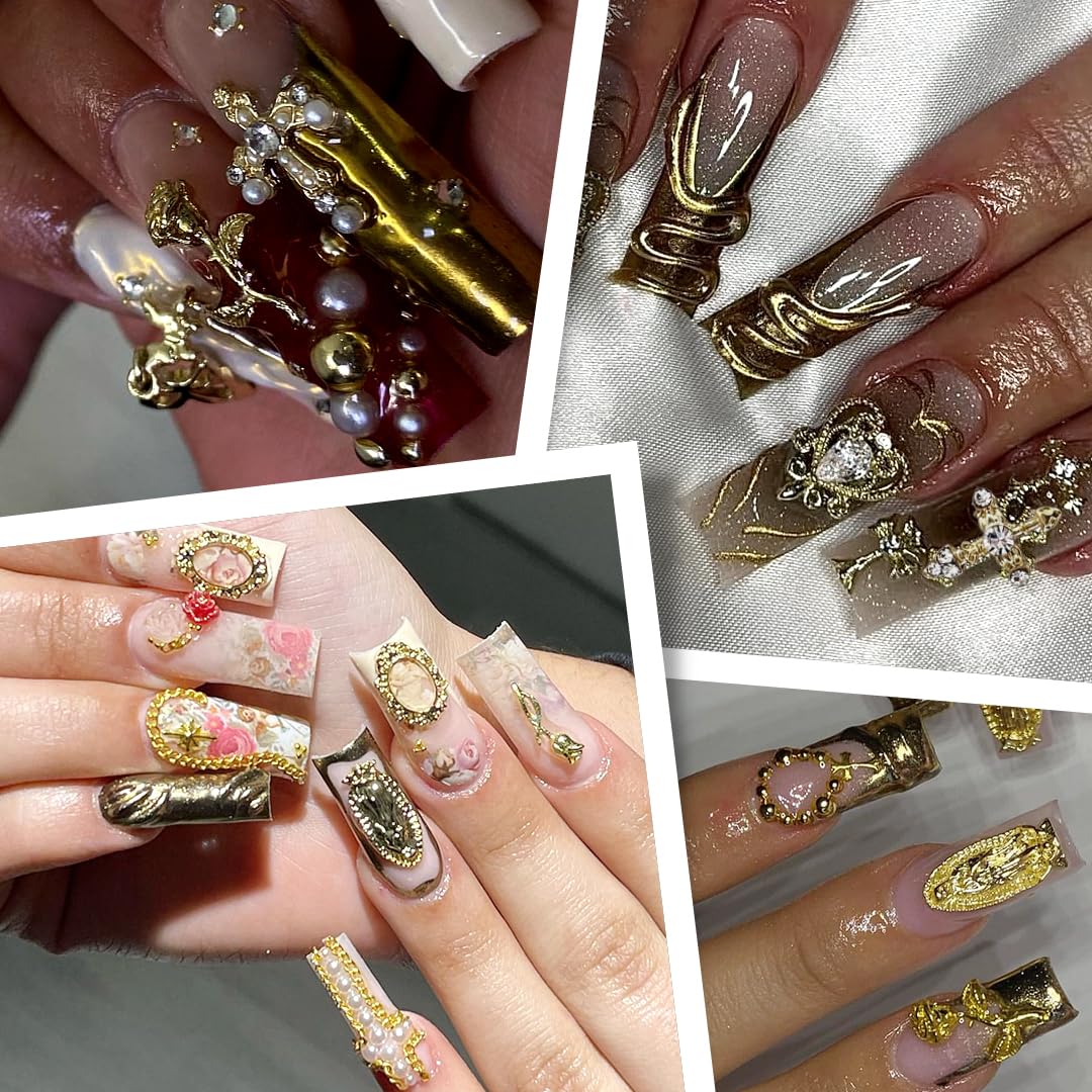 3D Luxury Gold Cross Nail Charms, Flat Back Pearls Bead Crafting, Rhinestones Nail Charms Y2k Cute Crown Star Moon Heart Flower Virgin Mary Angel Dangle Gem Charms Nail Art Nail Chains Bulk