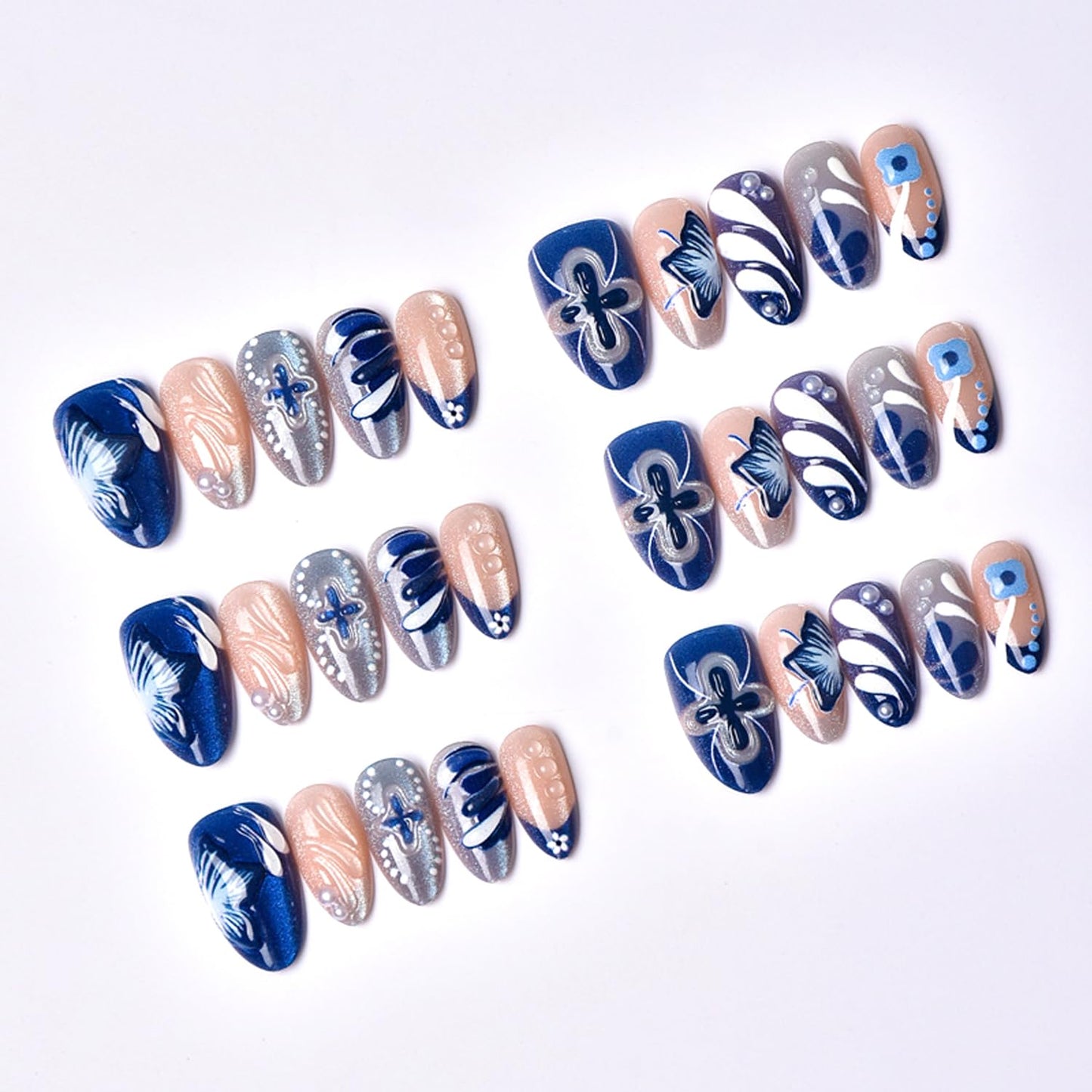 Blue Flower Press on Nails Short Almond Fake Nails 3D Pearls Water Ripples Design Cute Floral False Nails Blue French Nails Cute Stick on Nail Acrylic Nail Full Cover Glue on for Women 30Pcs