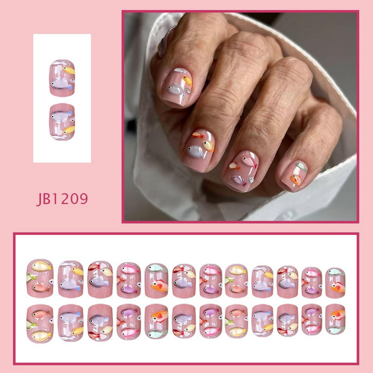 Fish Press on Nails Short Square Artificial Acrylic Fake Nail with Cute Colorful Fish Pattern Design Summer Stick on Nail Full Cover Reusable Press Ons Beach False Nails for Women 24Pcs