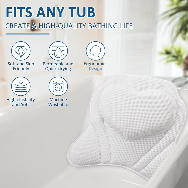 LuxStep Bath Pillow-Bathtub Pillow with Air Mesh Fabric & 6 Non-Slip Suction Cups, Bath Pillows for Tub Head, Neck and Back Support, Bath Accessories Spa Gifts, White