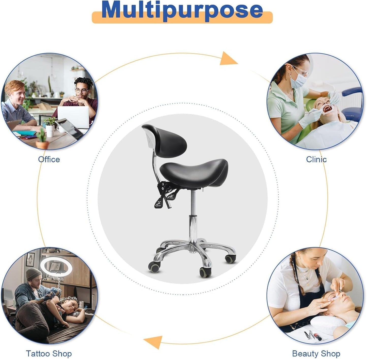 LIMKOMES Saddle Stool with Wheels,3-Way Function Rolling Stool with Back Support,Ergonomic Stool Saddle Stool for Hair Stylist for Dentist Salon Tattoo(Black)