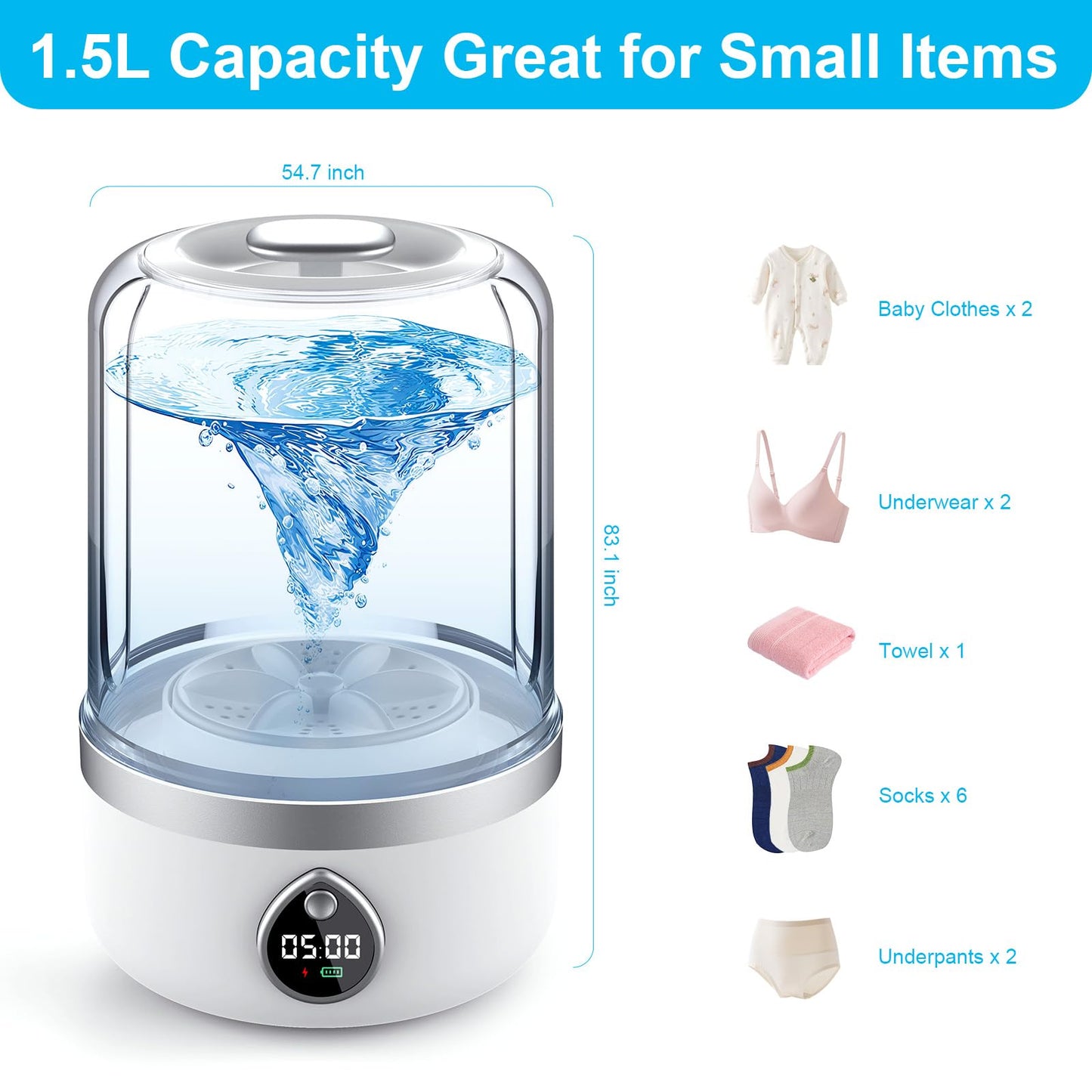 Ghegicu Portable Washing Machine, 1.5L Underwear Washer Rechargeable Cordless Makeup Sponges Cleaner Deep Clean Socks, Underwear, Baby Clothes, Washing Machine for Apartment, Dorm, Camping(White)