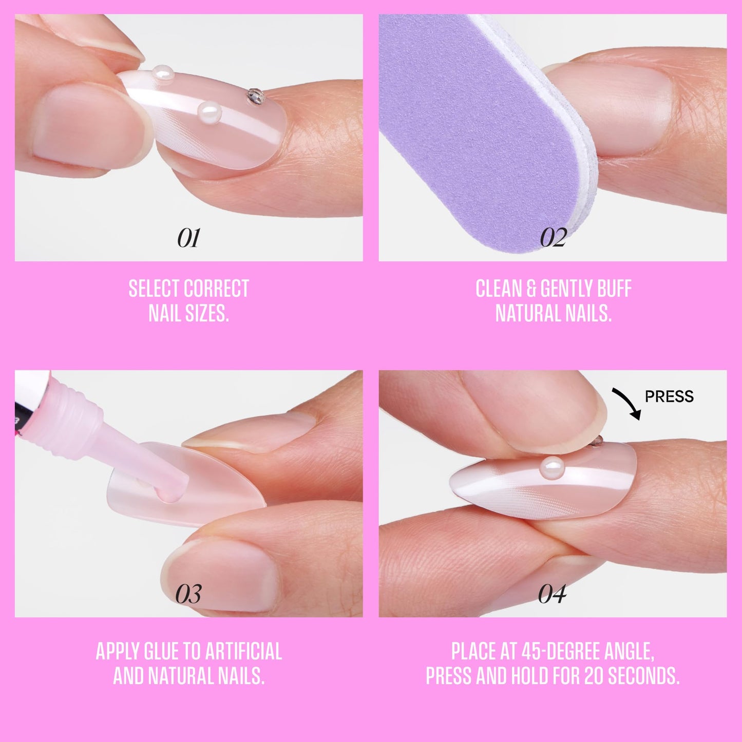 Kiss Glam, Press On Nails, Nail glue included, 'Wrapped in Beauty', Pink, Long Size, Square Shape, Includes 32 Nails, 2g Glue, 1 Manicure Stick, 1 Mini File