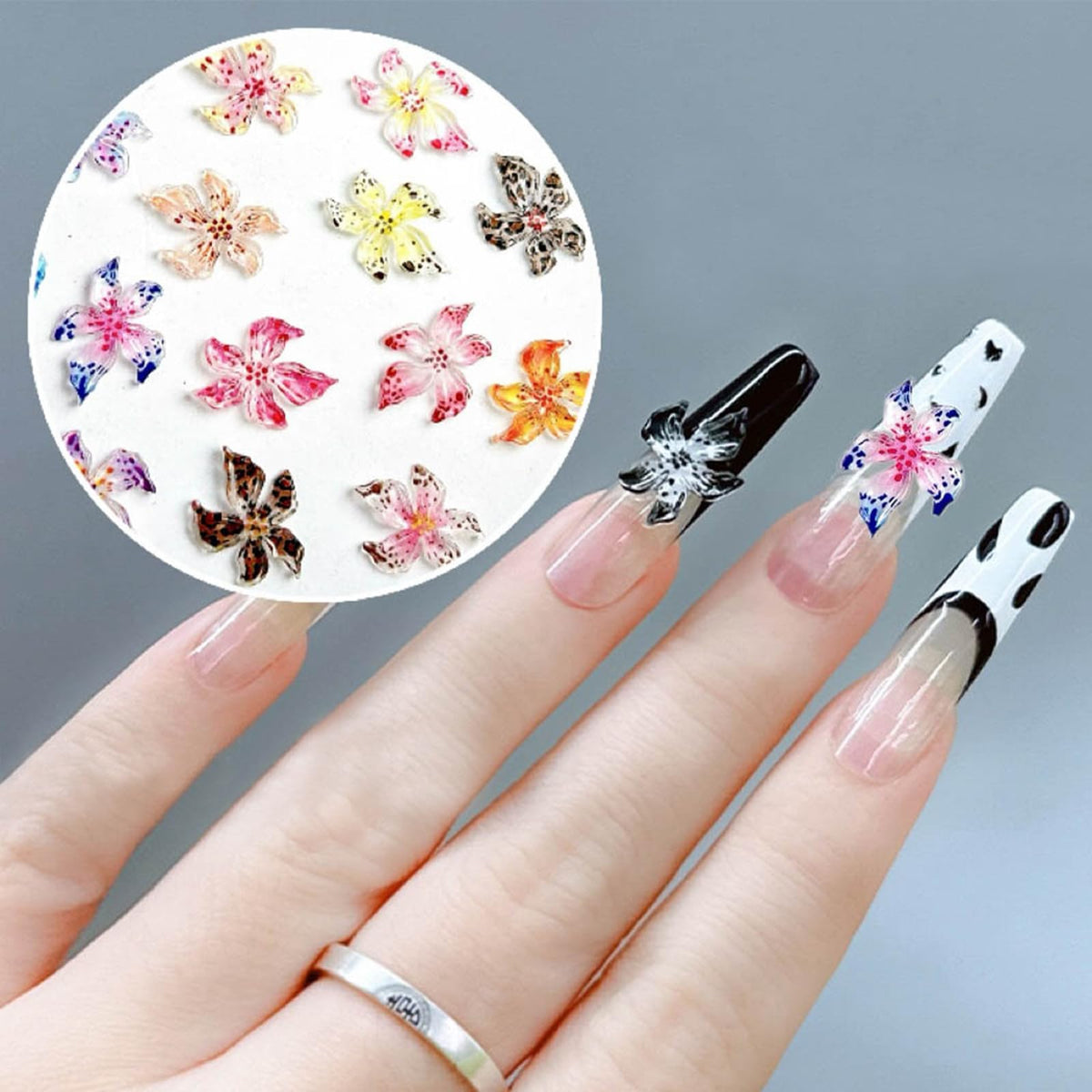 100PCS Hibiscus Flower Nail Art Charms 3D Hawaii Flowers Rhinestones Mixed Colorful Floral Diamonds Spring Summer Nail Jewelry Tiny Flowers Nail Design for Women Manicure Supplies