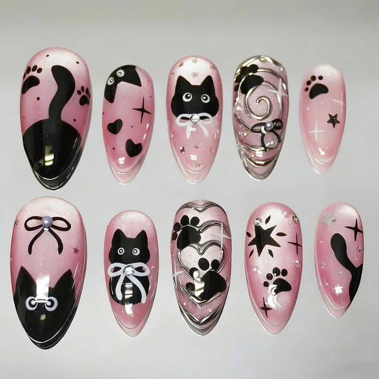24Pcs Pink Glitter Press on Nails Medium Almond Fake Nails Cute Cat Black Bow Star False Nails with 3D Silvering Heart Vortex Gems Design Full Cover Glue on Nails Artificial Stick on Nail for Women