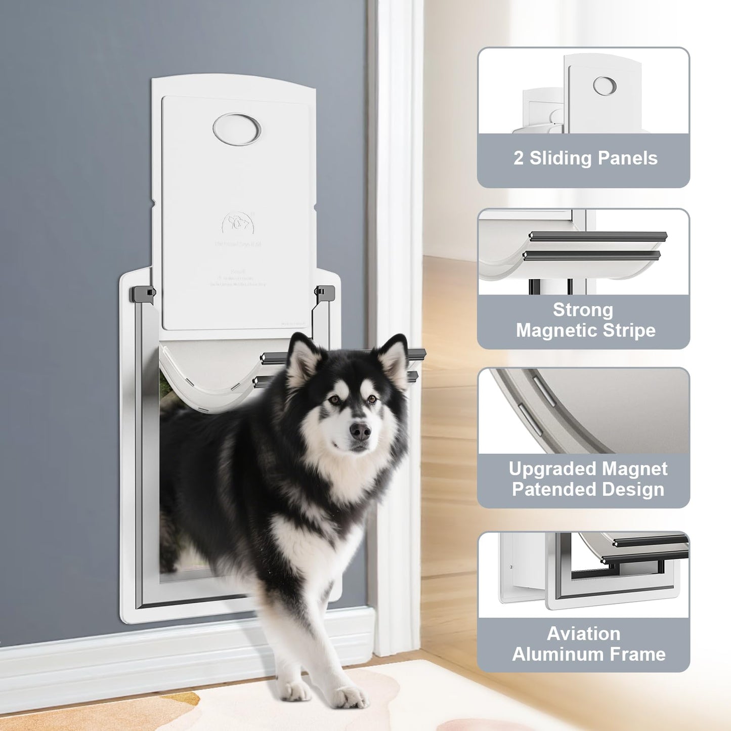 Decormax Dog Door for Wall, Steel Dog Door with Telescoping Tunnel, Weatherproof Pet Door with Two Sliding Lock Panels and Magnetic Flaps, Easy to Install, White, X-Large