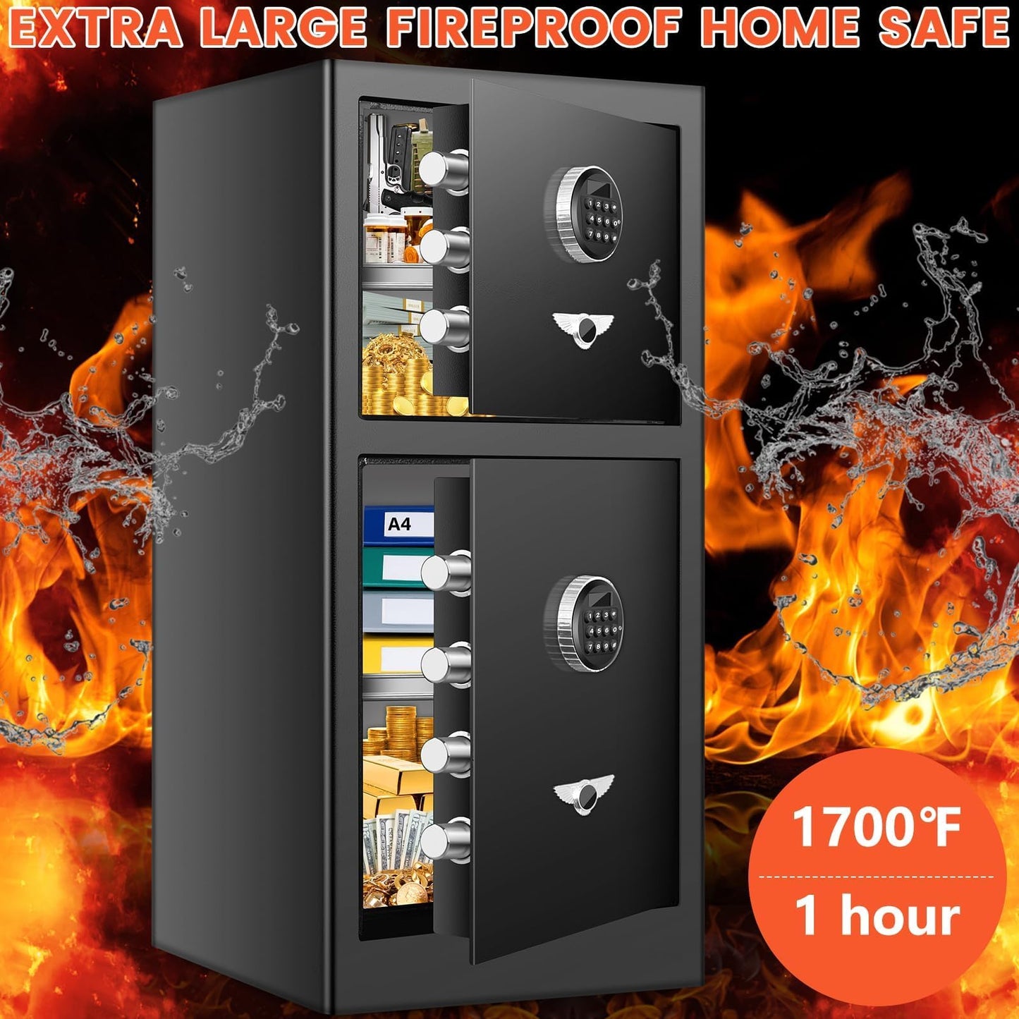 [𝟐𝟎𝟐𝟒 𝐍𝐞𝐰] 7.6 Cu Ft Extra Large Home Safe Fireproof Waterproof with [DOUBLE SAFES], Heavy Duty Digital Security Box with [Hidden Compartment], Fireproof Safe for Home Business Office USE