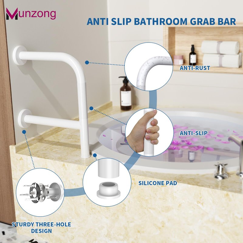 Bathtub Safety Rail with Double Grip, Munzong 16 Inch F-Shape Anti-Slip Shower Grab Bar for Seniors Handicap, Heavy Duty 300lb Support Wall Mounted Bathtub Handle, Standing Balance Aid for Elderly