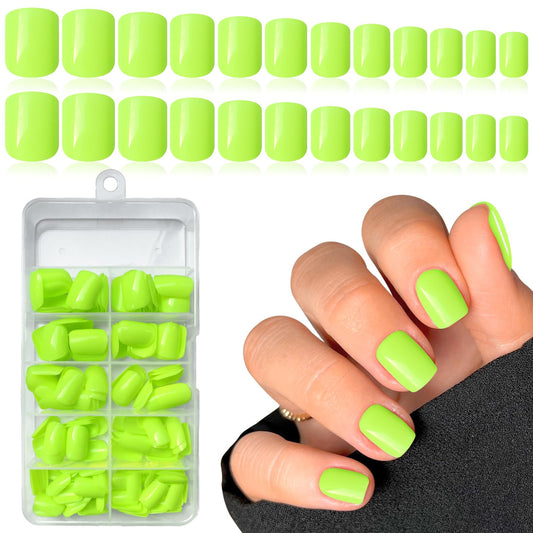 LuckForever Short Press on Nails 240pc Glossy Neon Yellow Press on Nails Short Square Round Fake Nails Full Cover 10 Sheets Nail Adhesive Tabs,Small Wooden Sticks and Nail Files False Nails for Women